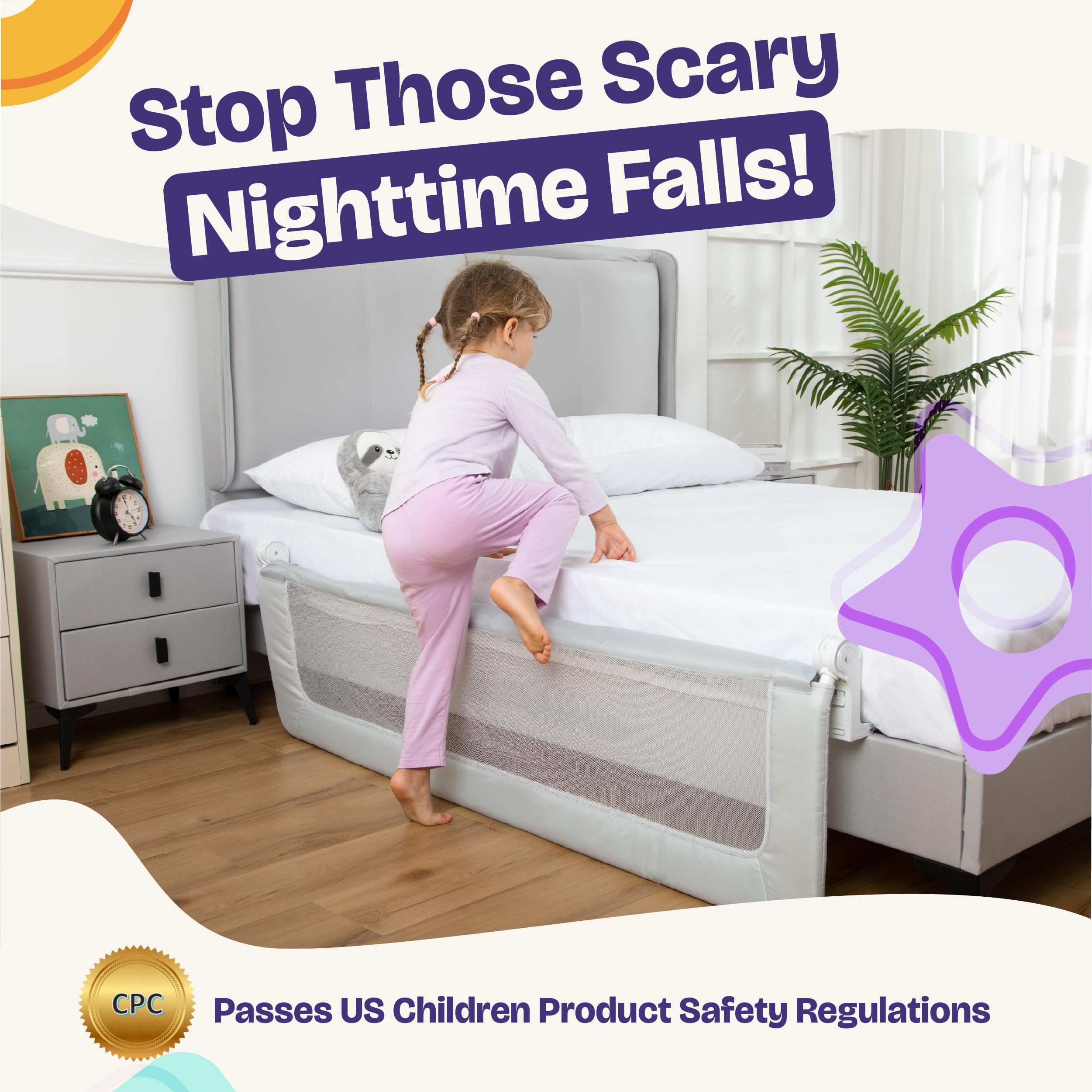 ComfyBumpy 1-Pack Bed Rail for Toddlers 55.5" L x 19.5" H | Toddler Bed Rails for Twin, Full, Queen & King Mattress Size | Swing Down Rail Guard | Mattress Side Rail for Kids | Gray