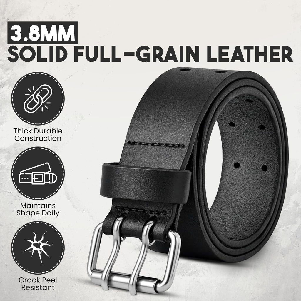 PBF Belts for Men - Double Prong 38mm Full Grain Wide Leather belt for men - Heavy Duty, Crack & Peel & Nickel Free, Adjustable & Comfortable (For Waist 58" - 62", Black)