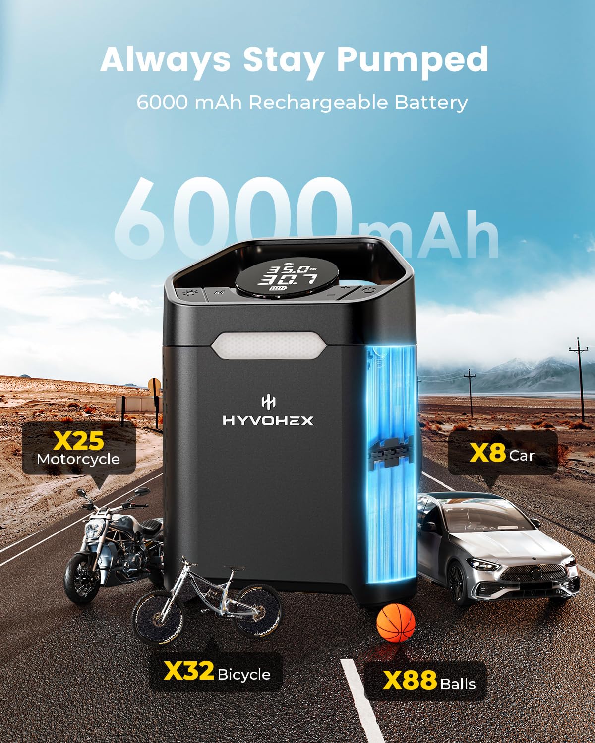 Heavy-Duty 160 PSI Tire Inflator Portable Air Compressor, 1 Min Fast Inflation Cordless Portable Air Pump with Digital Pressure Gauge & LED Light, Electric Tire Pump for Car, SUV, Bike, Ball