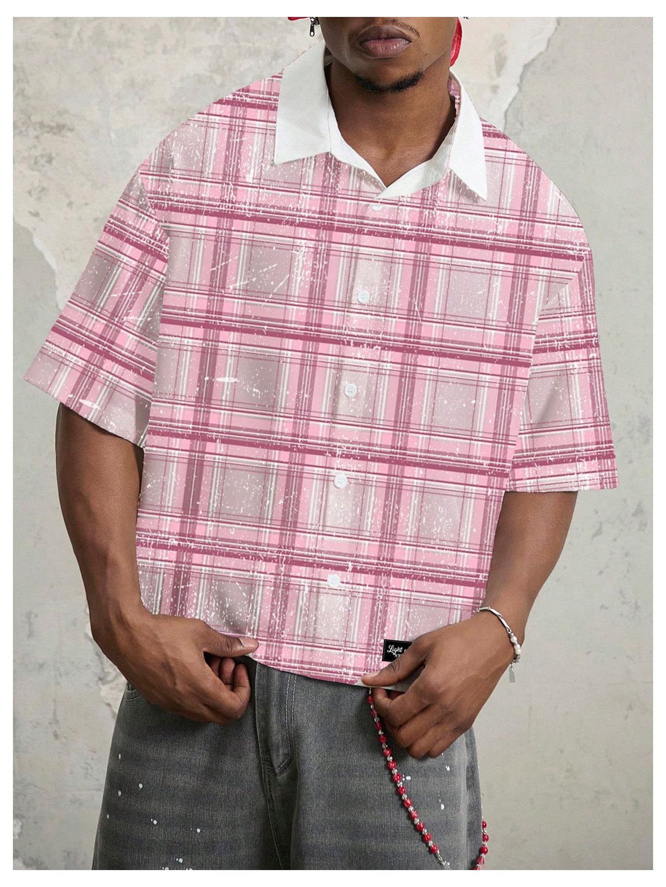 VIPWOLF Men's Plaid Cropped Shirt Oversized Gingham Short Sleeve Button Down Hip Hop Streetwear Baggy Crop Top Pink Small