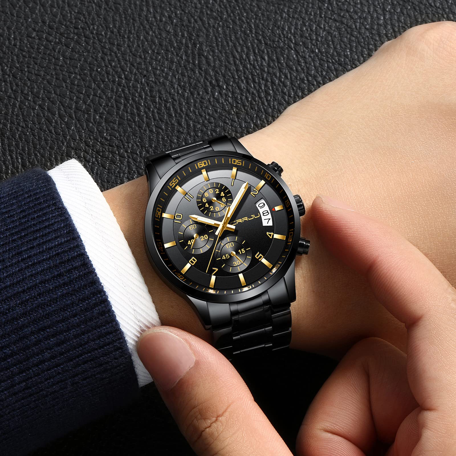 CRRJU Watches for Men,Fashion Luxury Casual Stainless Steel Japan Movement Waterproof Business Quartz Wristwatches,Man Black Golden Watch