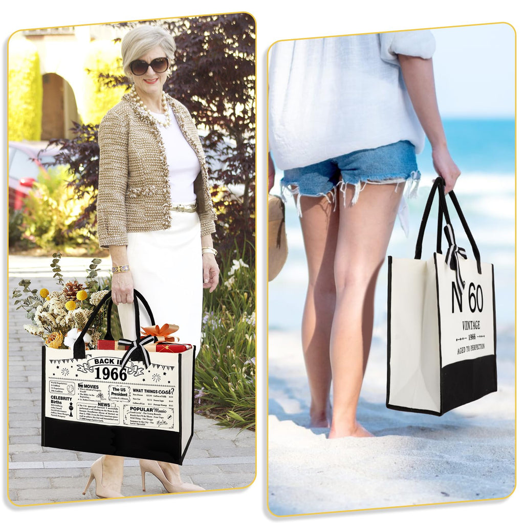 YeohJoy 60th Birthday Gifts for Women Canvas Tote Bag Travel Gear, Unique 60 Years Old Gifts for Wife Mom Sister Aunt Friends Her, Vintage N°60 Handbag & Cosmetic Bag & Back in 1966 Poster