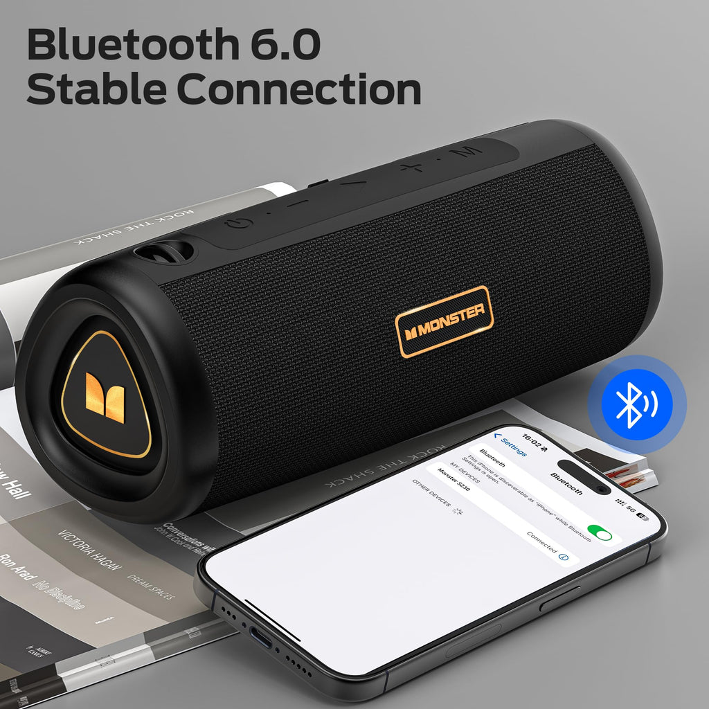 Monster S230 Bluetooth Speaker, Wireless Speaker with 30W Loud Stereo Sound, Wireless Stereo Pairing, 24H Playtime, Bluetooth 6.0 Supports TF Card, AUX for Outdoor