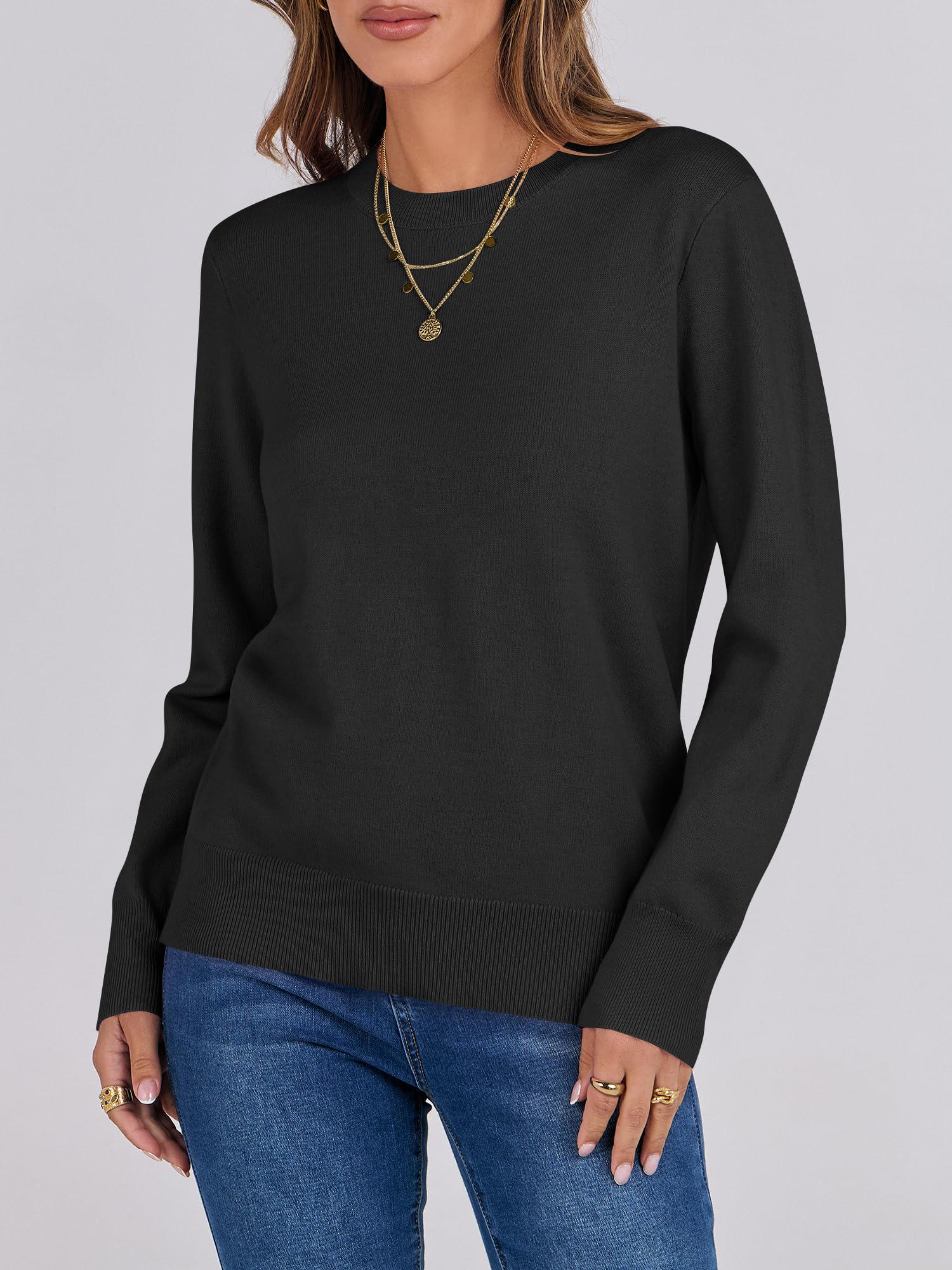 ANRABESS Sweaters for Women Long Sleeve Lightweight Crewneck Soft Basic Knit Loose Fit Pullover Top 2025 Fall Trendy Outfits Black Small
