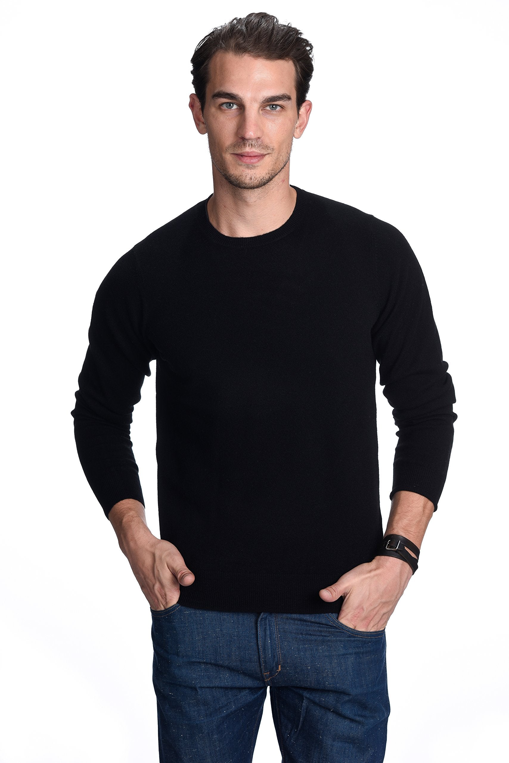 State Cashmere Men's Essential Crewneck Sweater 100% Pure Cashmere Classic Long Sleeve Pullover (Black, Large)