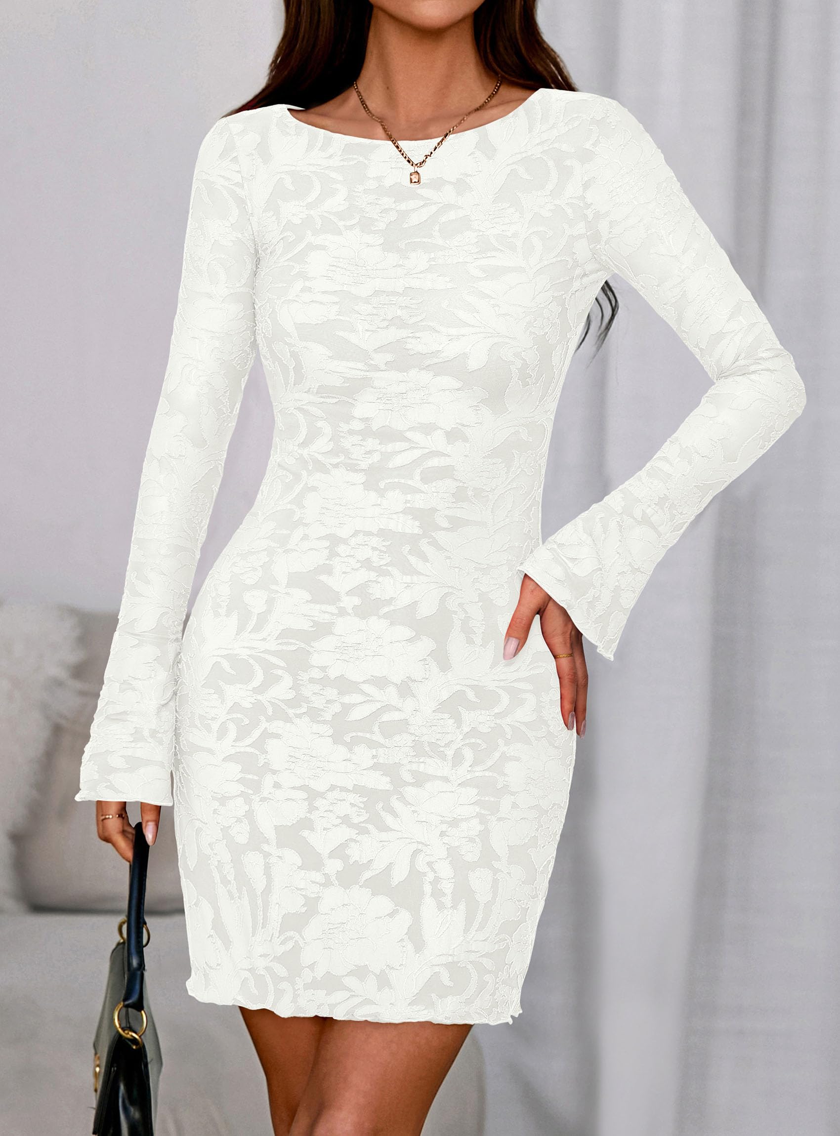 PRETTYGARDEN Women's 2026 Fall Fashion Floral Long Sleeve Mini Dress Mesh Bodycon Short Party Date Night Going Out Dresses (Floral White,X-Large)