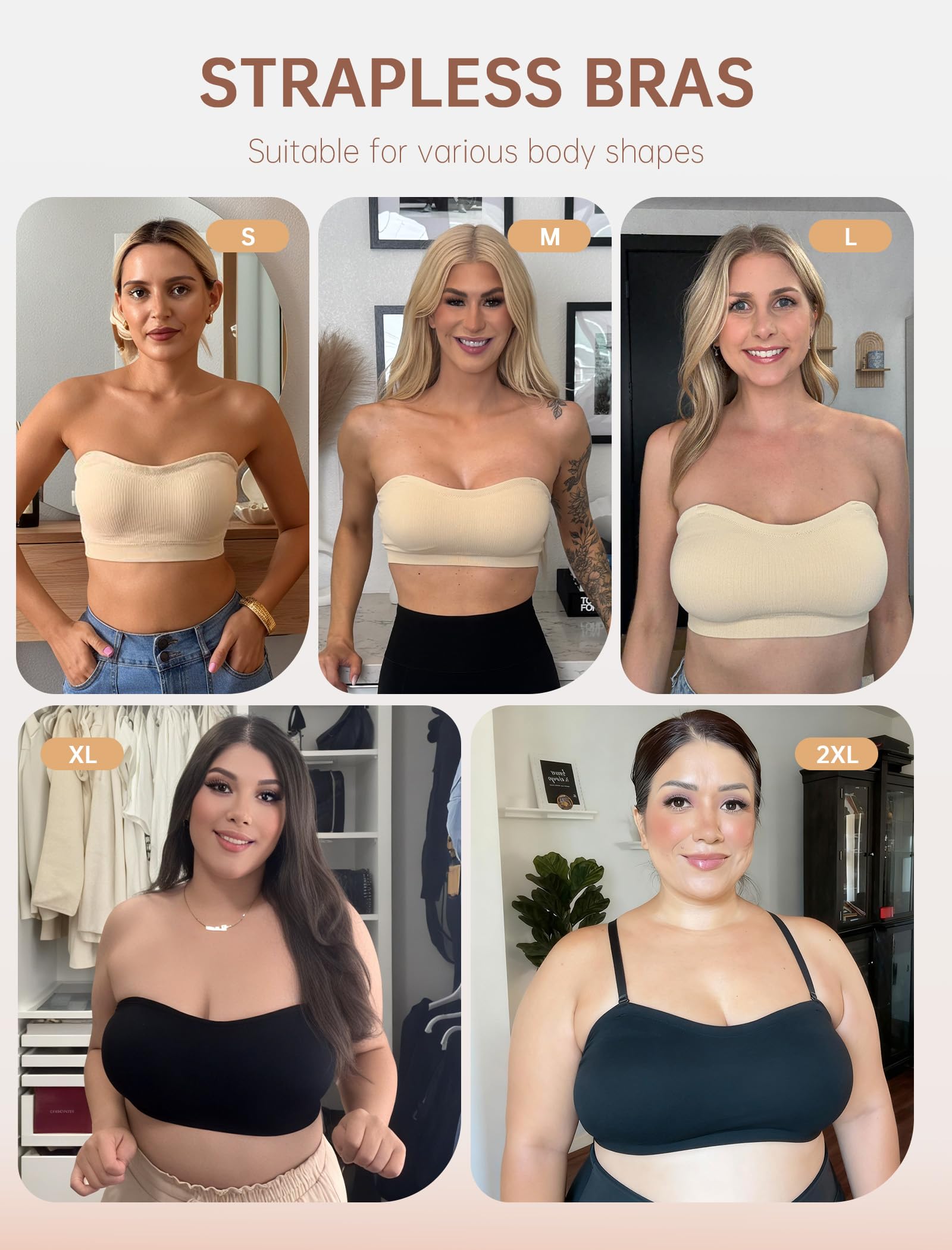 LetsJoli Push Up Strapless Bras for Women Supportive Bandeau Bra Non Slip Wireless No Underwire Padded Tube Bra(Nude,M)