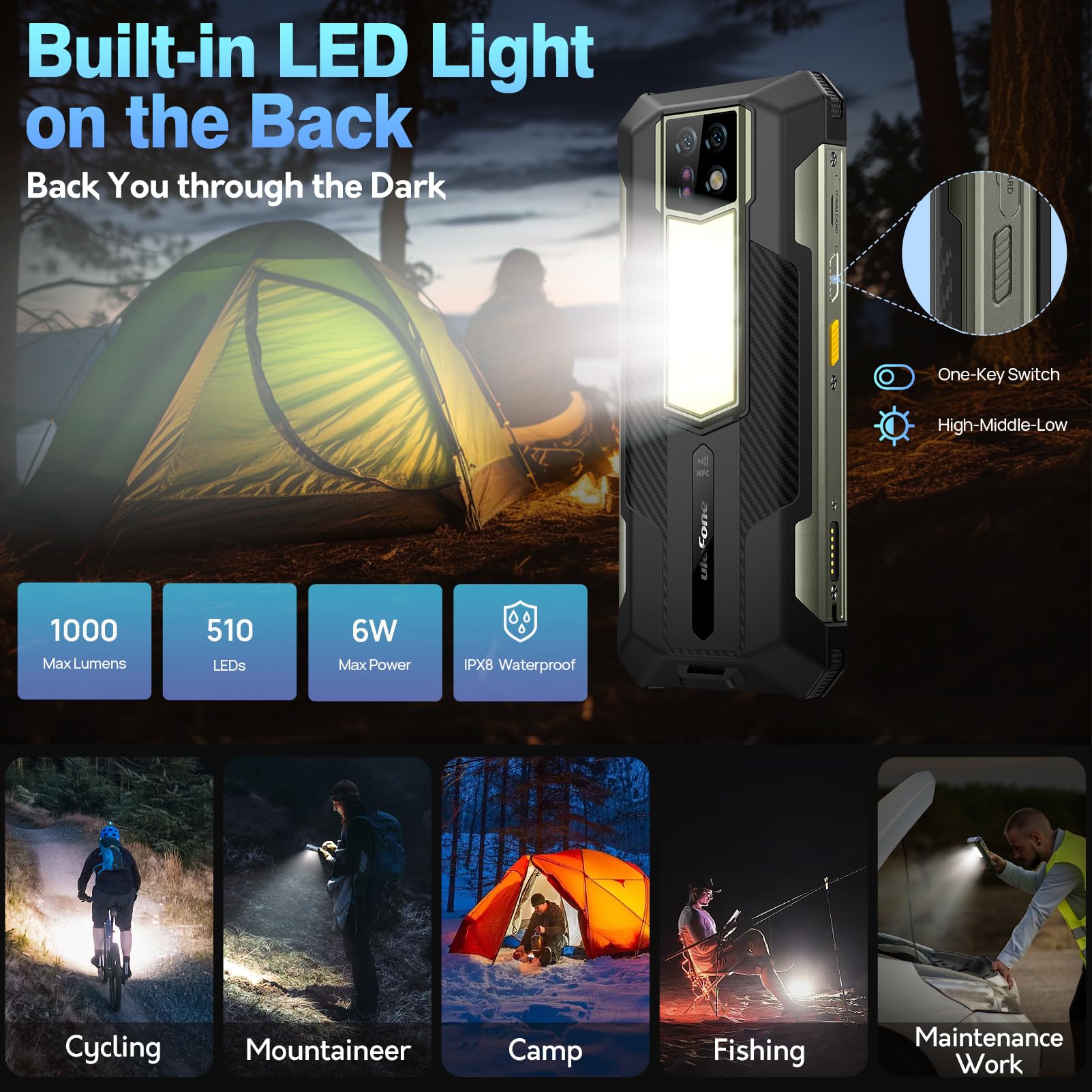 Ulefone Armor 24 22000mAh Mega Battery Unlocked Rugged Phone, Camping Light, 24GB RAM +256GB ROM, 6.78" FHD+120Hz Screen, 64MP Main Camera + 64MP Night Vision Camera, Android 14 Rugged Smartphone NFC