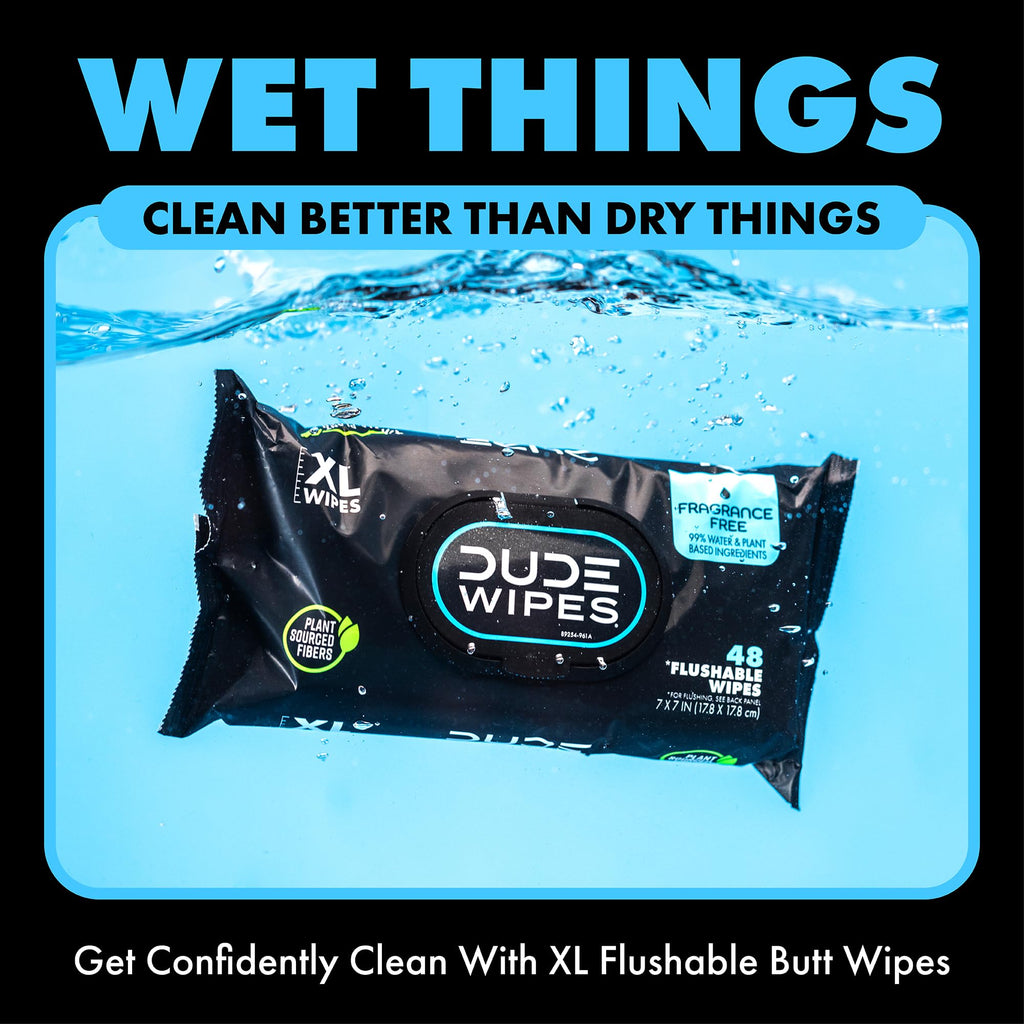 DUDE Wipes Unscented Flushable Wipes - Extra-Large Adult Wet Wipes for Sensitive Skin - 3 Pack (144 Count) - Infused with Vitamin E and Aloe - Septic and Sewer Safe