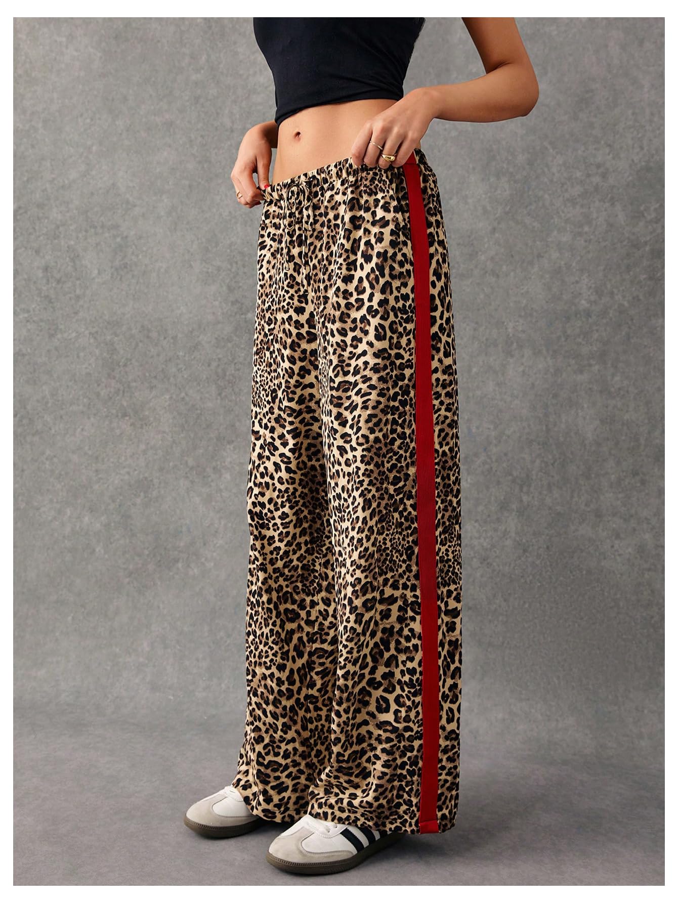WDIRARA Women's Leopard Print Side Striped Wide Leg Sweatpants High Waisted Drawstring Baggy Pants Brown Medium