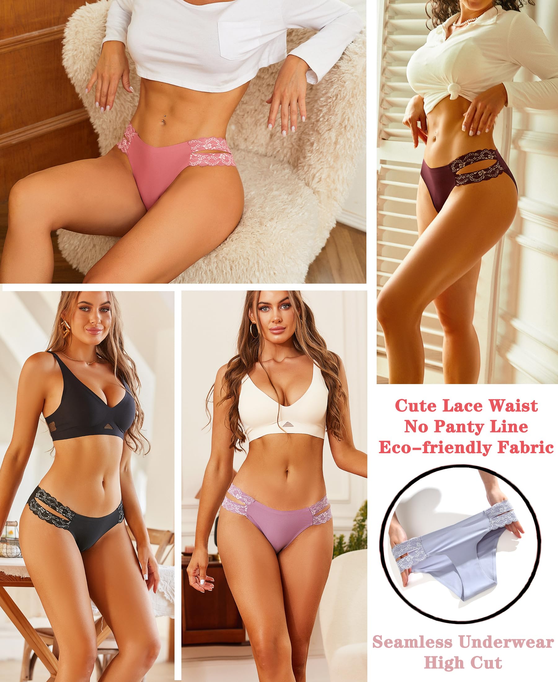 FINETOO Seamless Underwear for Women Cheeky Bikini Panties High Cut V-waist Lace Underwear Women Cute Bikinis 6 Pack