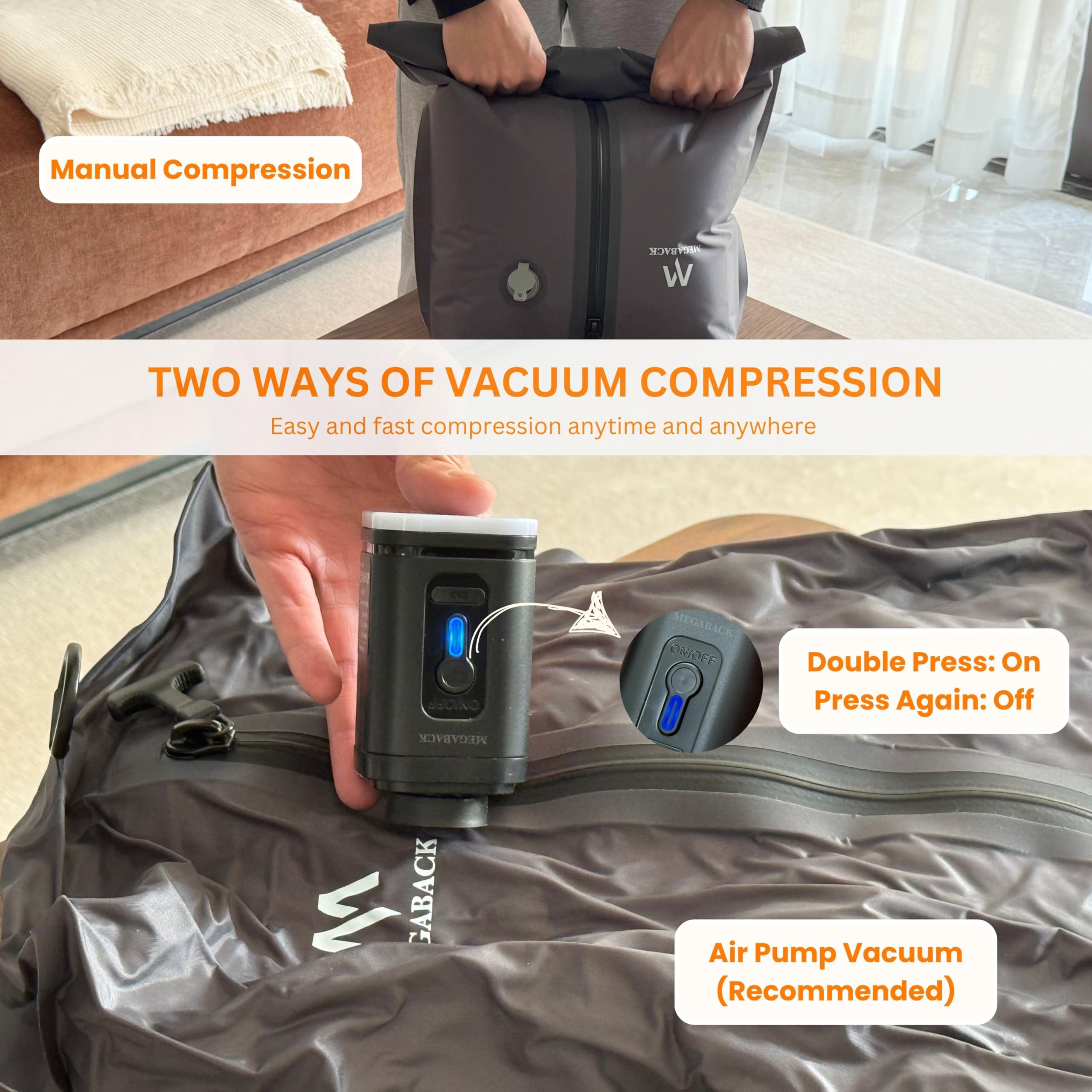 Megaback Vacuum Bags for Travel, IP67 Reusable Vacuum Seal Bags for Clothing with Electric Pump, Vacuum Seal Packing cube for Suitcases, Backpack & Travel (1PC+Pump)