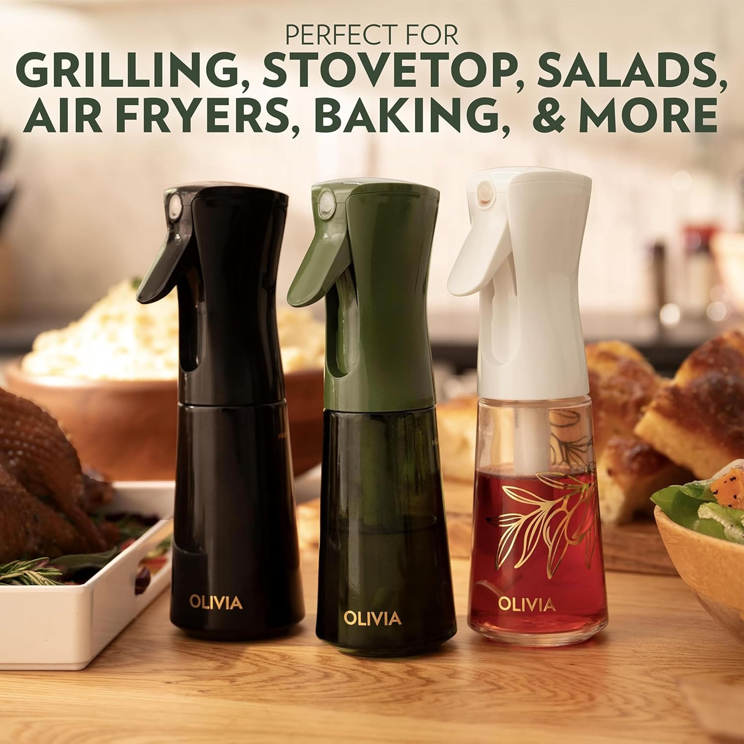 FLAIROSOL OLIVIA Oil Sprayer for Cooking, 200ml Glass Olive Oil Sprayer, Continuous Cooking Spray Bottle with Portion Control, Olive Oil Dispenser for Kitchen, Air Fryer, Salad, BBQ (Golden Leaves)