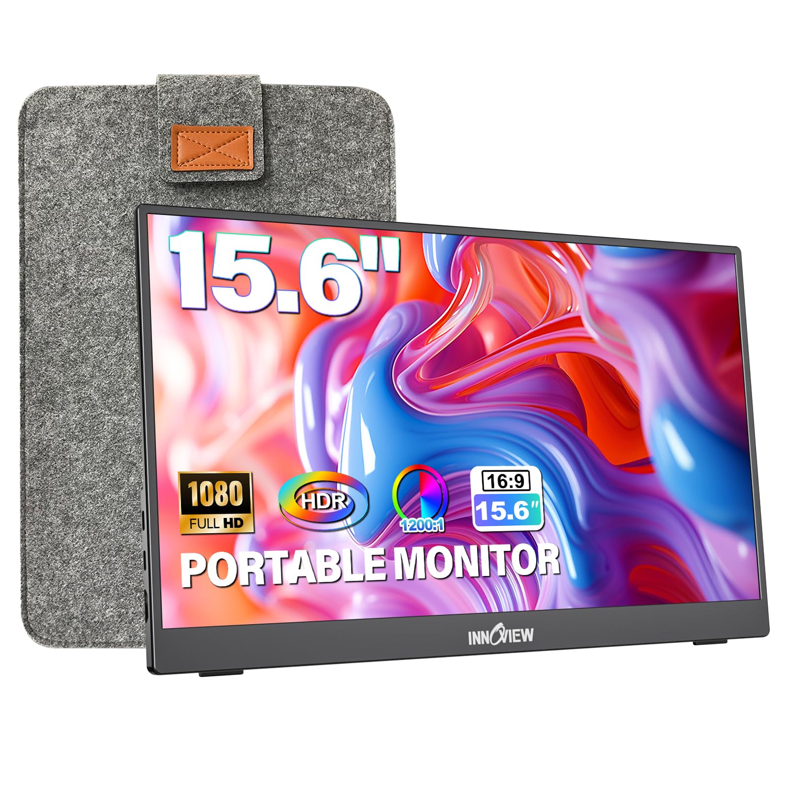 InnoView Portable Monitor 15.6" 1080P for Laptop with Protective Sleeve, Built-in 90° Adjustable Stand USB C HDMI Ultra-Slim Portable Laptop Monitor for MacBook Phone PS Xbox Switch