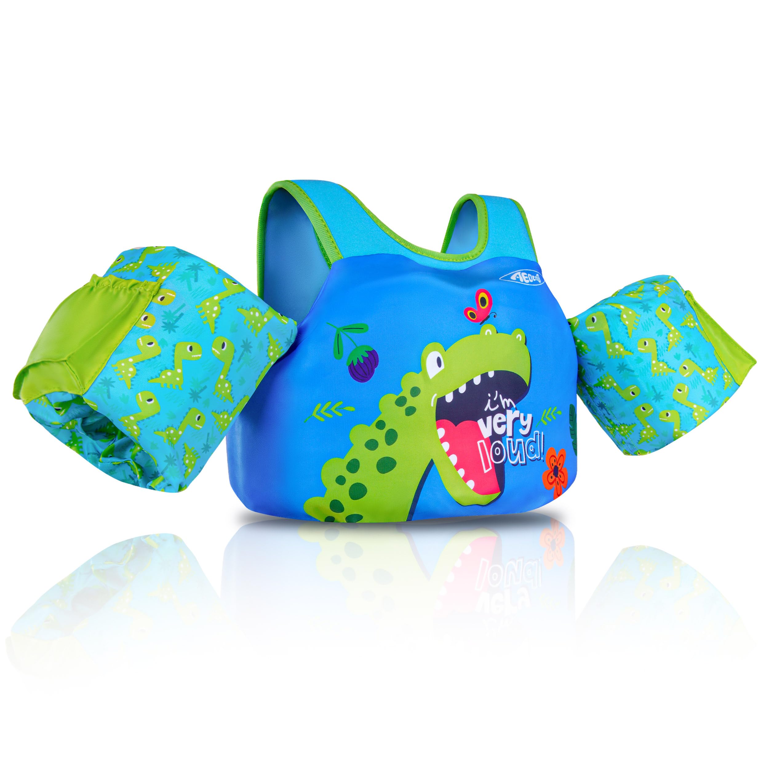 AEOCOO Puddle Float Jumper 20-30-50 Pounds, Toddler Swim Vest for 1-3-5 Years Old, Pool Floats with Swimming Arm Floaties Swim Jacket with Water Wings for Kids Swimmies, Boys, Girls, Niños, Dinosaur