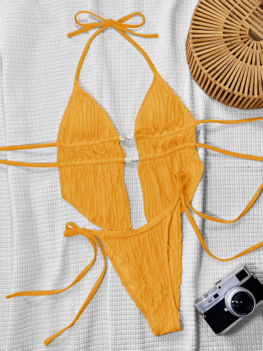 RoseSeek Women's 2 Piece Beaded Bikini Sets Halter Swimsuits Textured Backless Tie Side Bathing Suit Dark Yellow XS