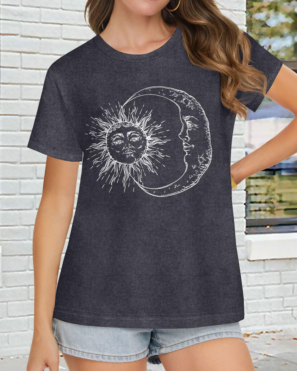 T Shirts for Women Summer Short Sleeve Crewneck Casual Cute Graphic Basic Tees Tops, Deep Grey Moon, L