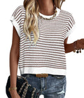 PRETTYGARDEN Womens Short Sleeve Sweater Spring Summer 2026 Round Neck Striped Pullover Cap Sleeve Knit Sweater Vest Tops(Brown,X-Large)