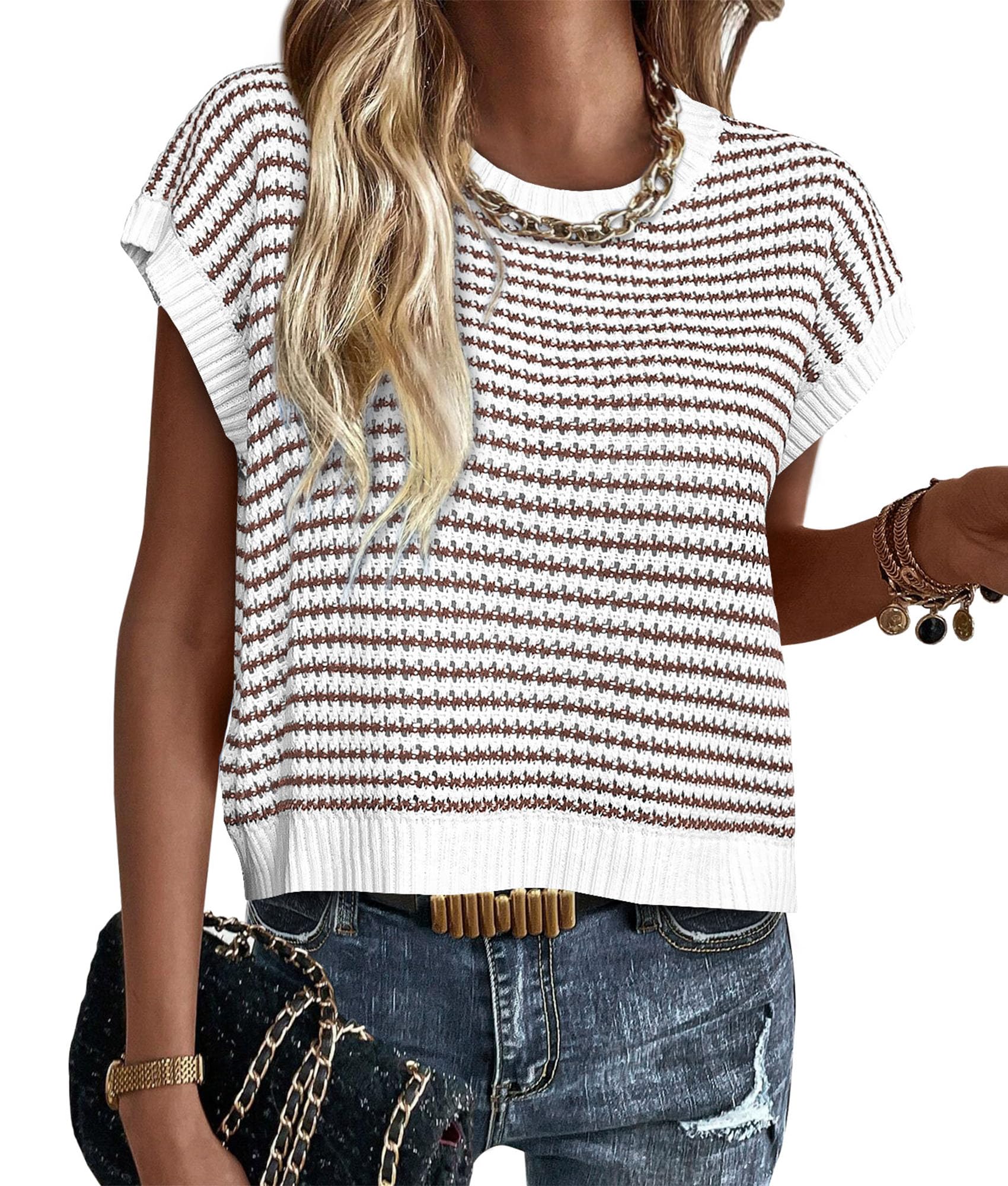 PRETTYGARDEN Womens Short Sleeve Sweater Spring Summer 2026 Round Neck Striped Pullover Cap Sleeve Knit Sweater Vest Tops(Brown,X-Large)