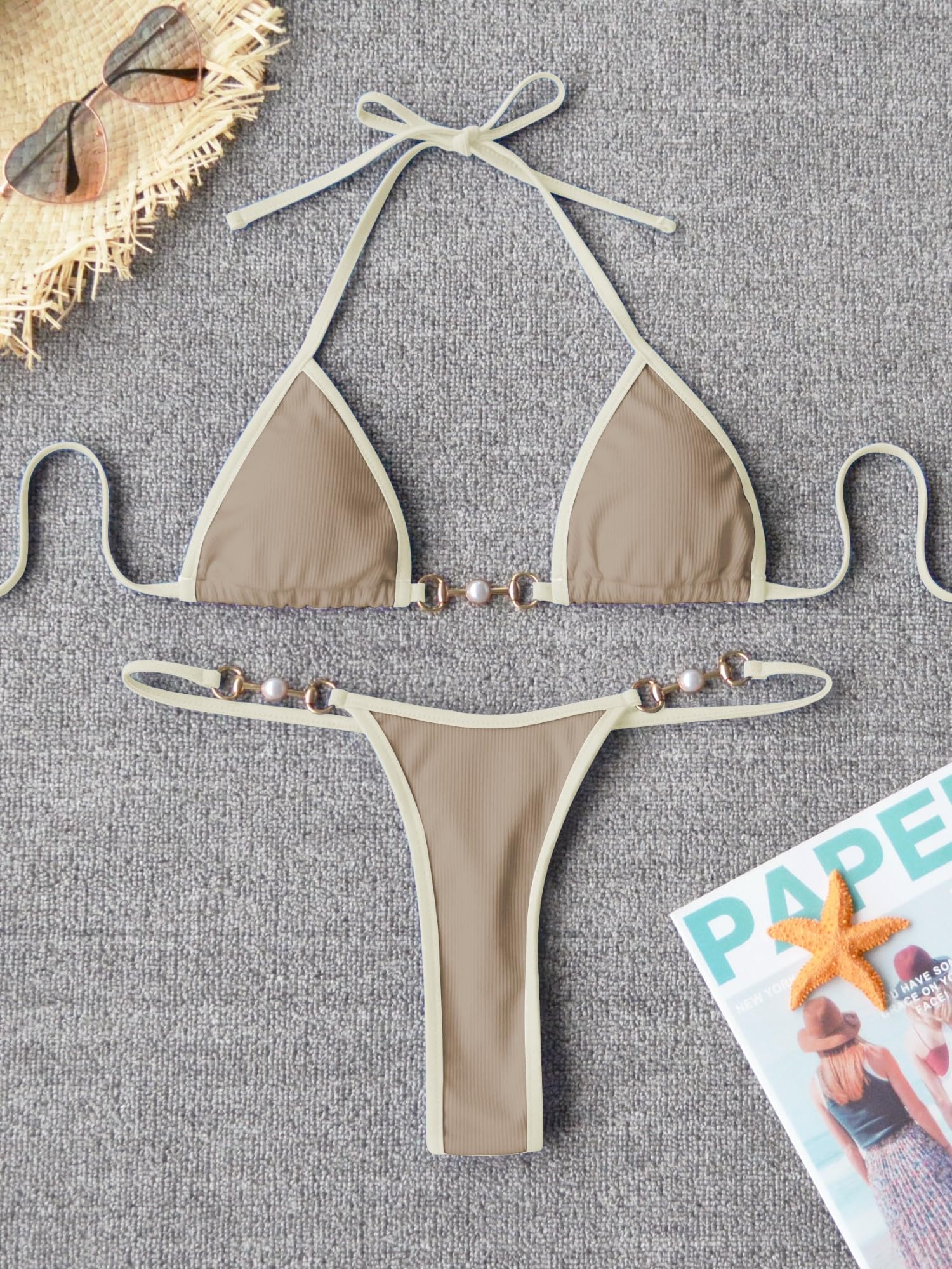 TASHEHE Women's Triangle Thong Bikini Set Sexy Brazillian Two Piece Swimsuit String Bathing Suit - Cream Coffee - Small