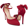 COLETER Women's Bowknot High Heels Platform D'Orsay Pumps Pointed Toe Stiletto Heels Ankle Strap Wedding Shoes Burgundy 7US