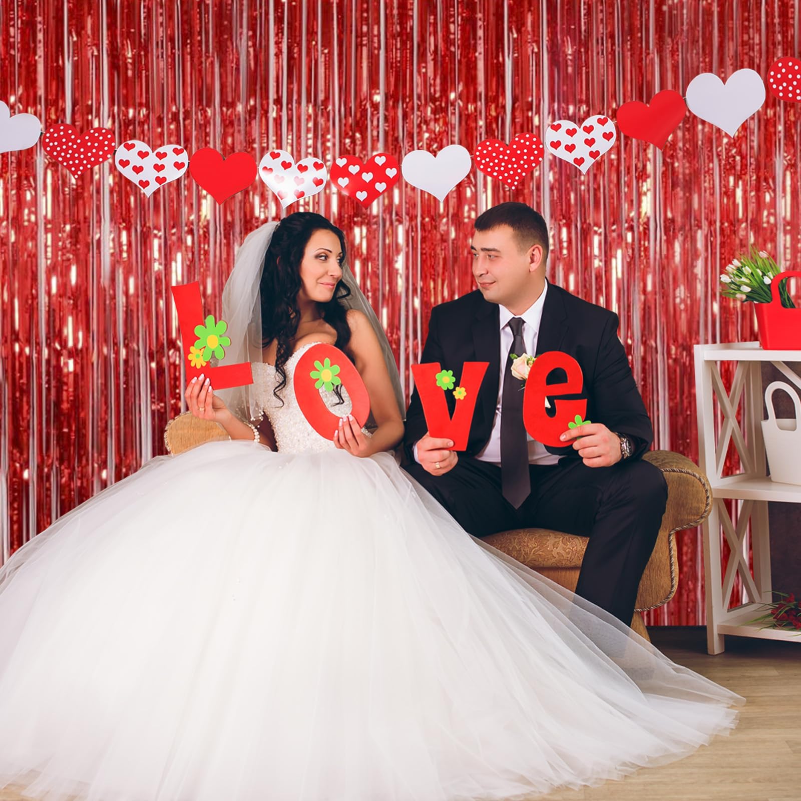 Valentines Day Decorations, Red Foil Fringe Curtain, Melsan 3.2 x 8 ft Metallic Tinsel Curtains Streamer Backdrop for Birthday, Anniversary, Valentine's Day Party Decor - Pack of 2