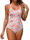 ZAFUL Tummy Control Swimsuits for Women 1 Piece Bathing Suits High Cut Full Coverage Slimming Swimsuit Adjustable Strap Sexy Swimwear Cute Floral Printed Halter Push Up Swim Suit 2025 Pink Floral,M