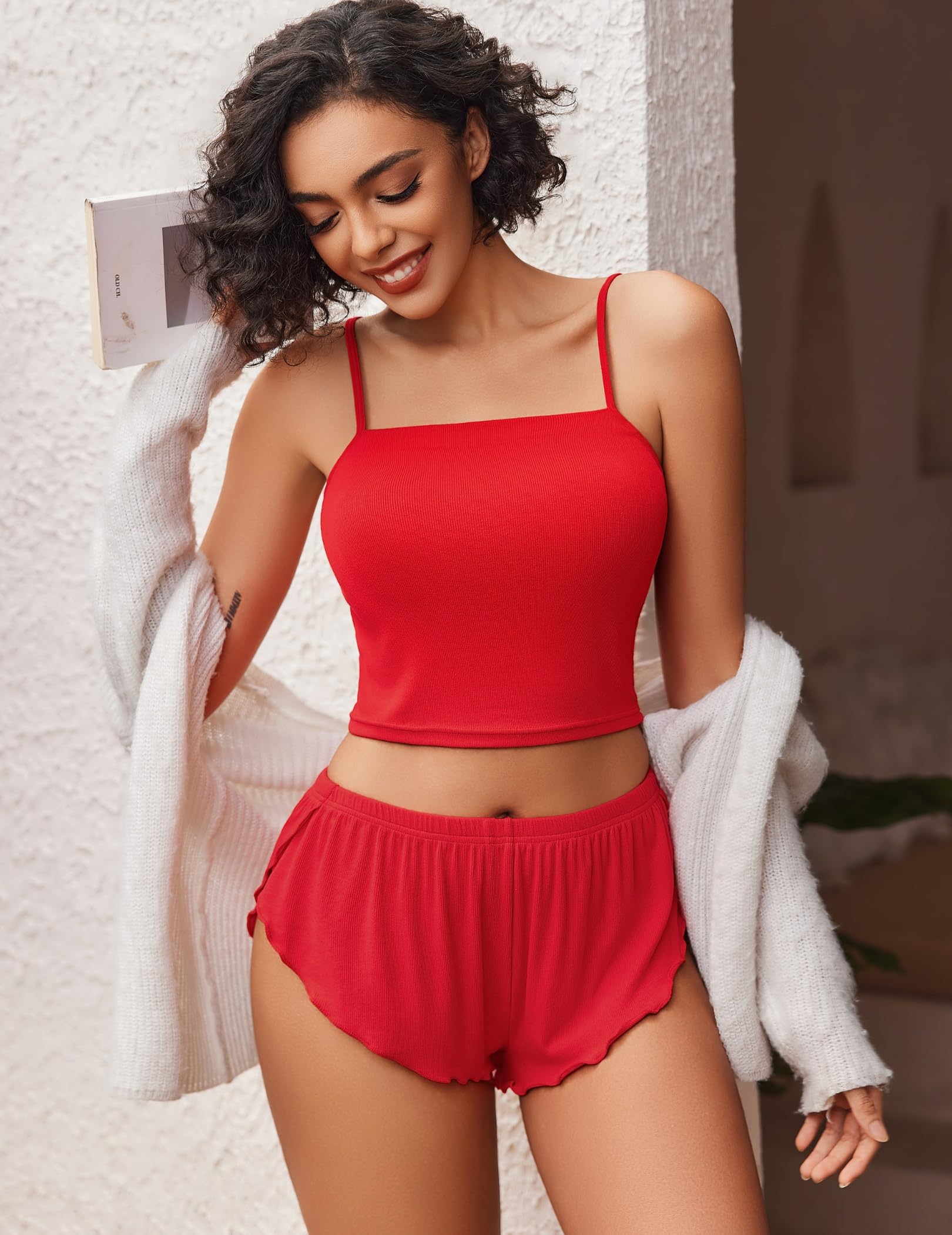 Avidlove Women's Pajama Sets 2 Piece PJ Sets for Women Sleepwear Ribbed Pajama Side Slit Nightwear Lingerie Red X-Large