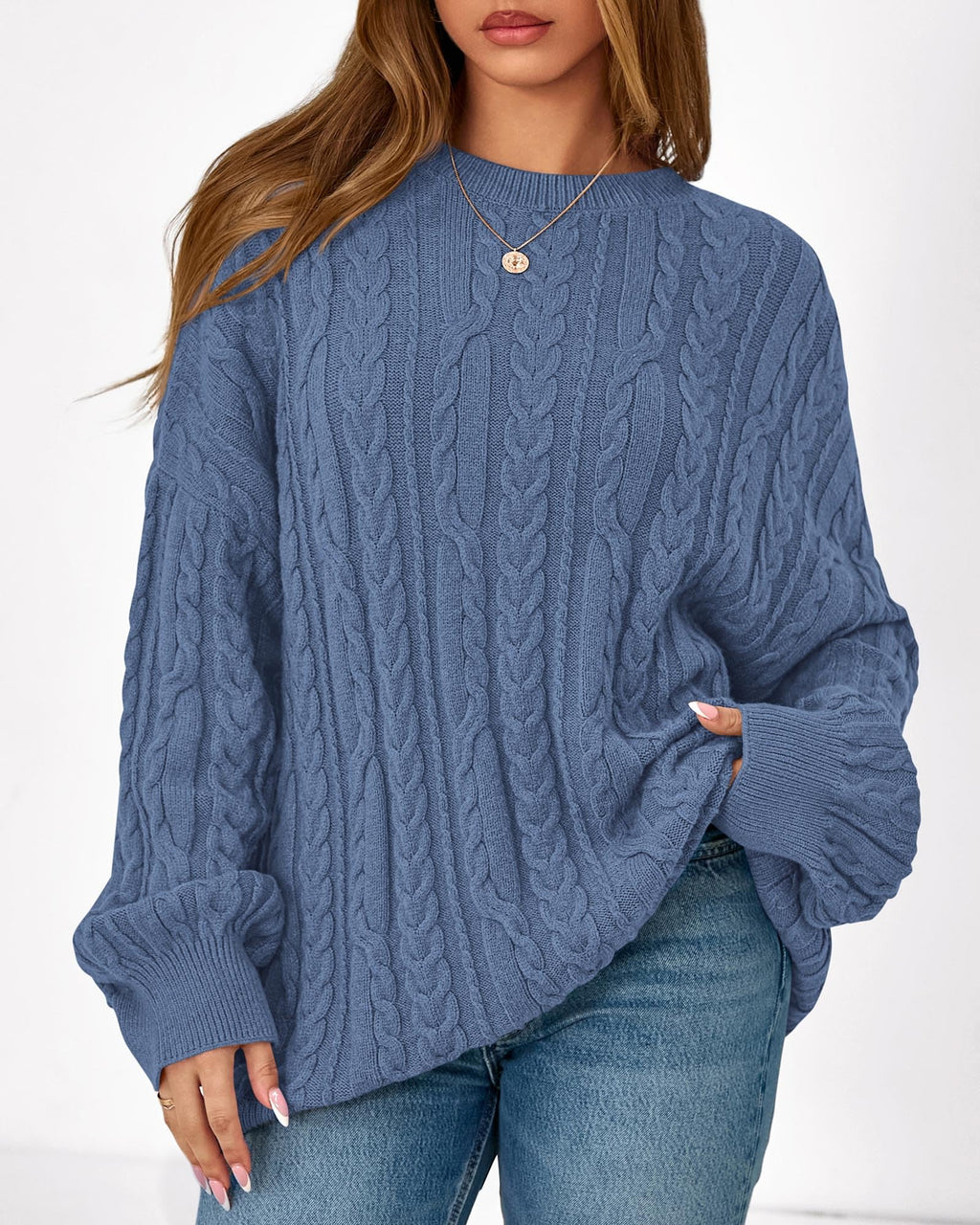 KIRUNDO Oversized Chunky Cable Knit Sweater Women 2026 Fall Fashion Cozy Long Sleeve Crewneck Pullover Winter Clothing(Blue, Medium)