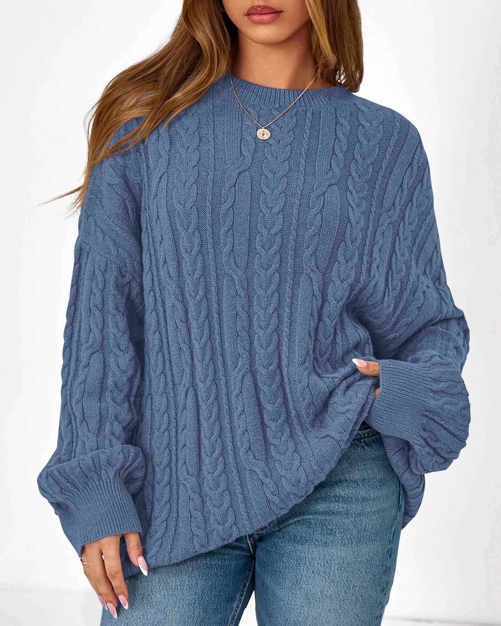 KIRUNDO Oversized Chunky Cable Knit Sweater Women 2026 Fall Fashion Cozy Long Sleeve Crewneck Pullover Winter Clothing(Blue, Medium)