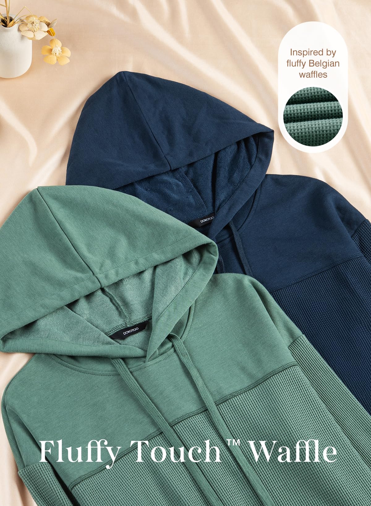 Dokotoo Sweatshirt for Women Trendy Waffle Knit Tops Casual Cute Solid Long Sleeve Women's Fashion Hoodies & Sweatshirts Fall 2025 Lightweight Drawstring Hoodie Dark Blue Large