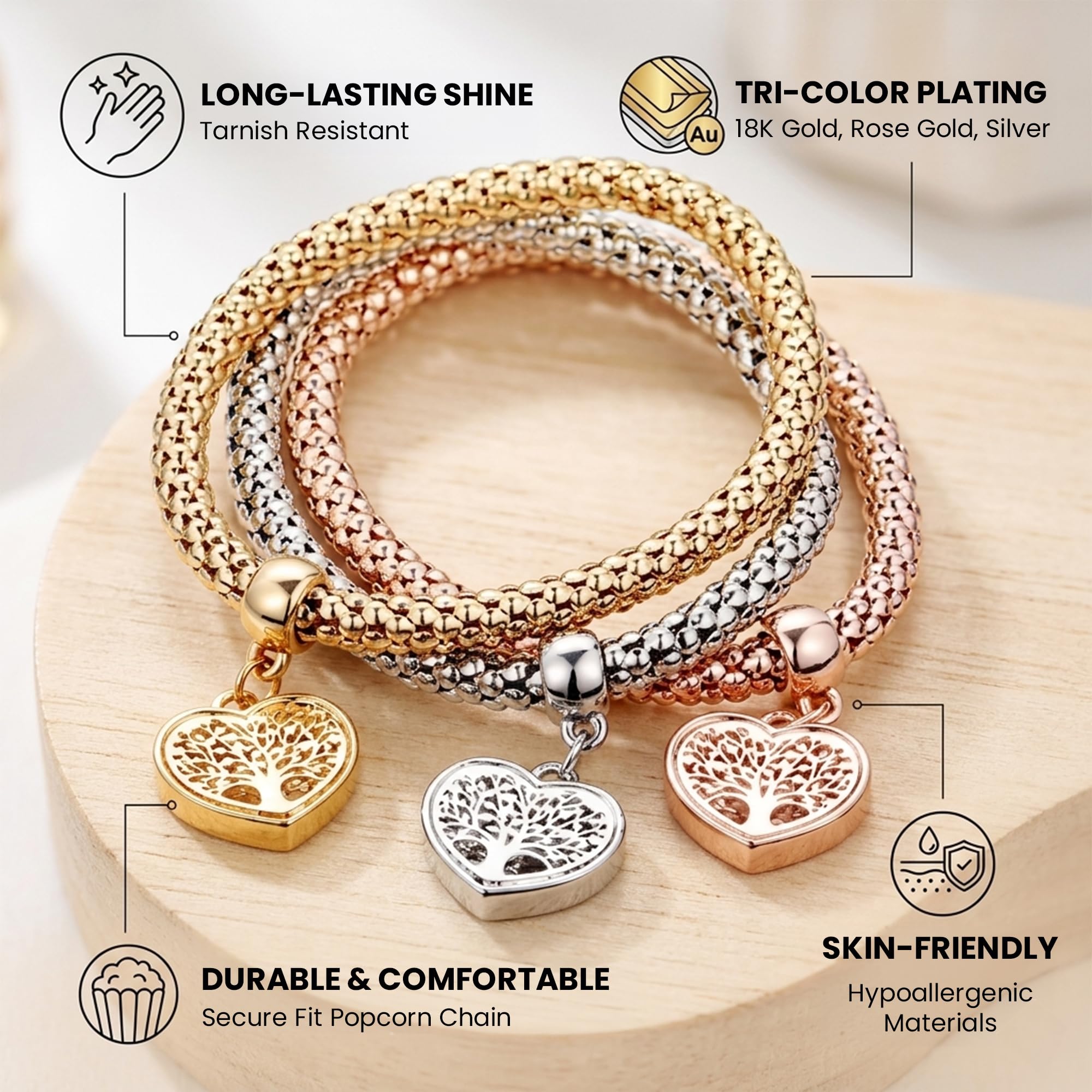 Aphrodite's Tree of Life Heart Edition Charm Bracelet with Austrian Crystals – Gold, Silver & Rose Gold Plated Popcorn Chain Bracelet Set for Women