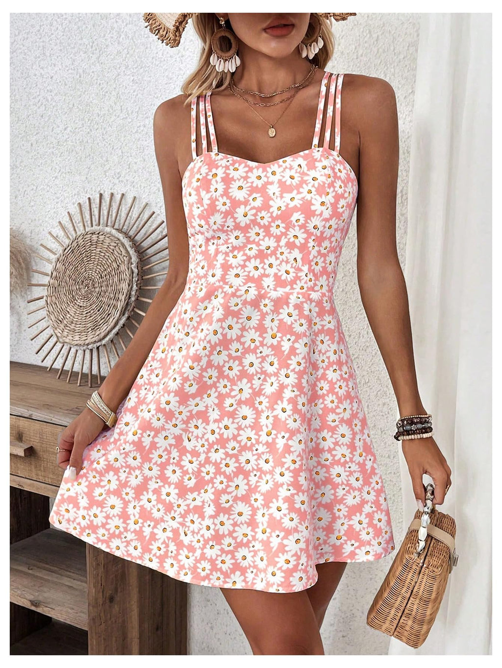 SOLY HUX Women's Floral Print Cami Dress Spaghetti Strap A Line Flowy Summer Mini Dresses Sundress Pink Floral Medium