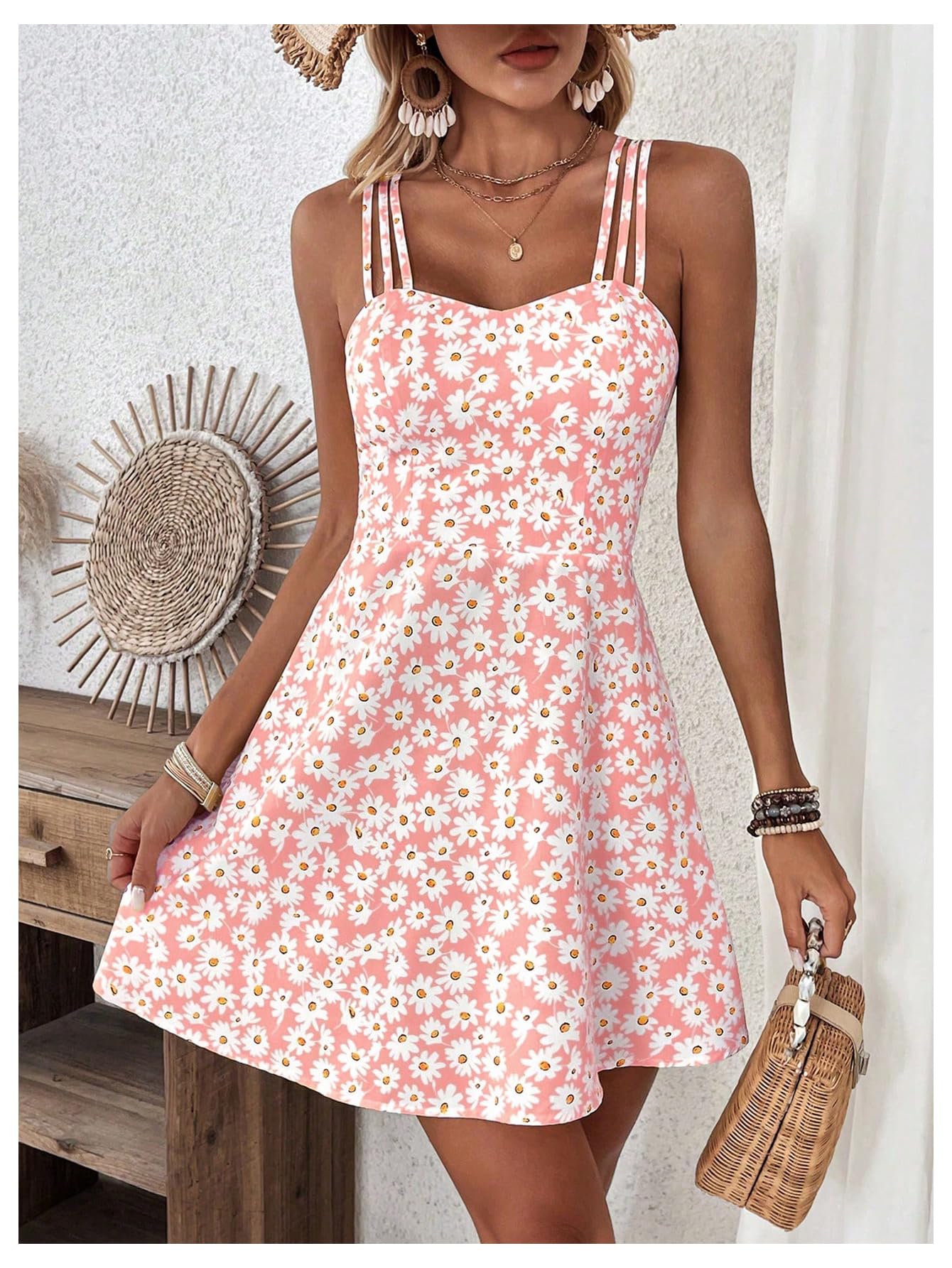 SOLY HUX Women's Floral Print Cami Dress Spaghetti Strap A Line Flowy Summer Mini Dresses Sundress Pink Floral Medium