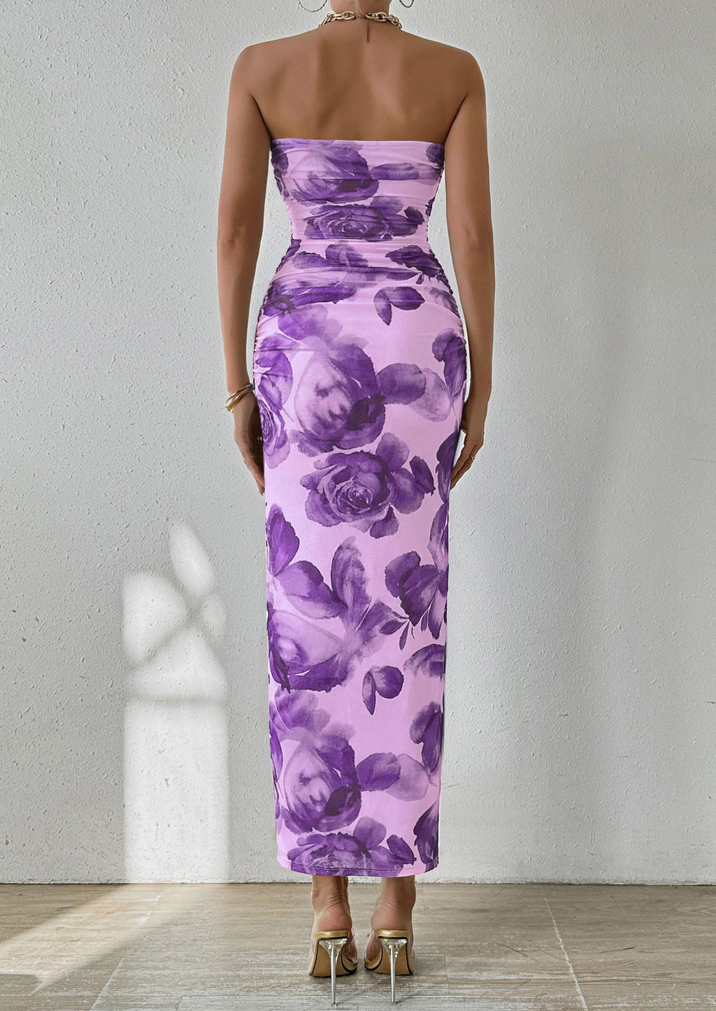 PRETTYGARDEN Women's Summer Wedding Guest Dress Strapless Tube Top Maxi Bodycon Long Floral Mesh Beach Vacation Party Dresses (Purple Flower,Medium)