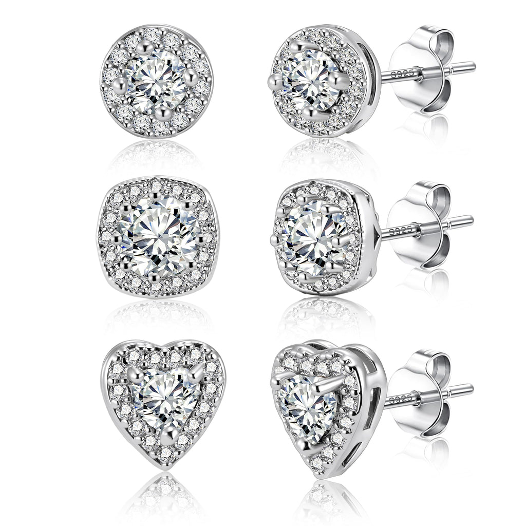 ALEXCRAFT Sterling Silver Halo Stud Earrings for Women Cubic Zirconia Round Heart Square Diamond Large Silver Studs Set Earring for Men 3 Pairs