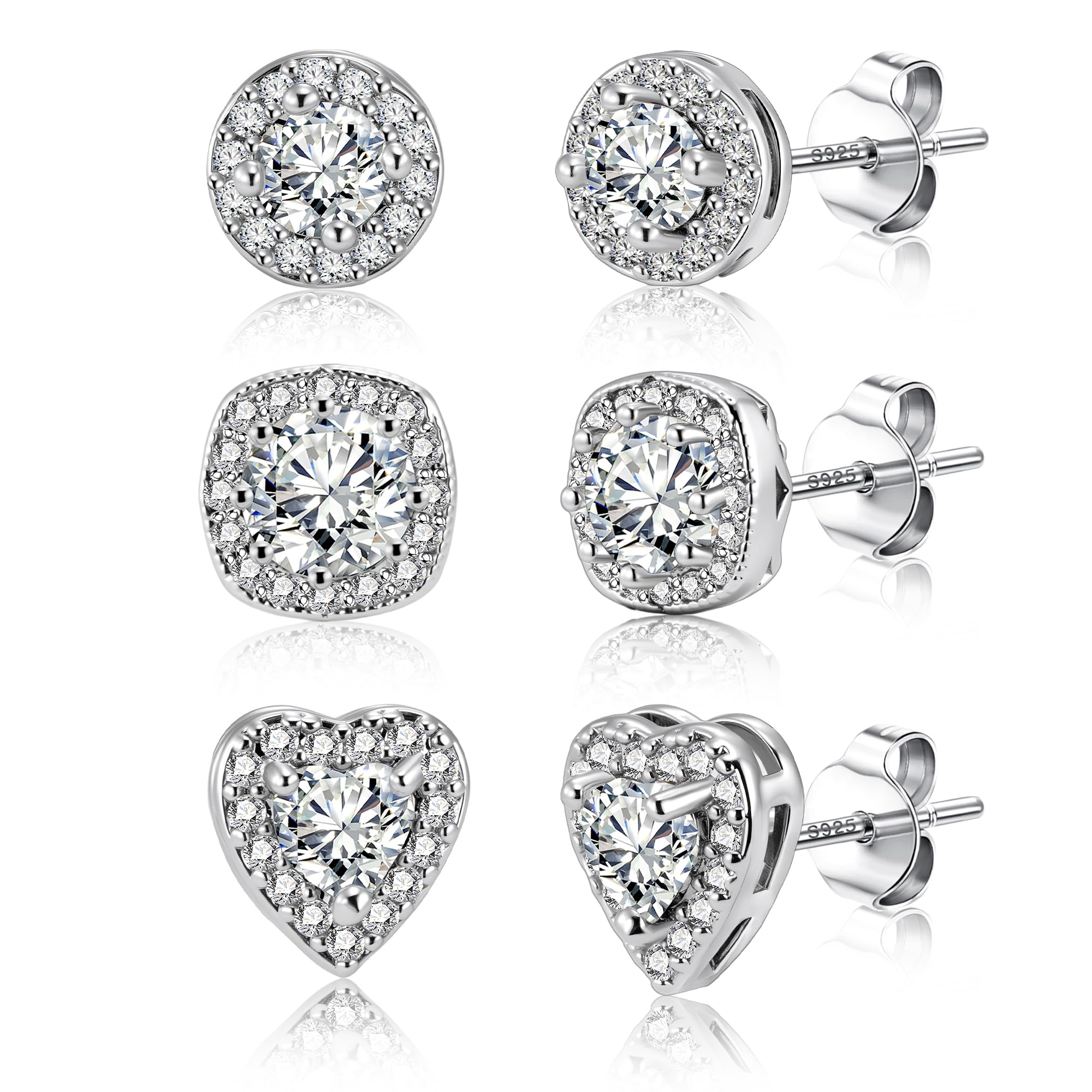 ALEXCRAFT Sterling Silver Halo Stud Earrings for Women Cubic Zirconia Round Heart Square Diamond Large Silver Studs Set Earring for Men 3 Pairs