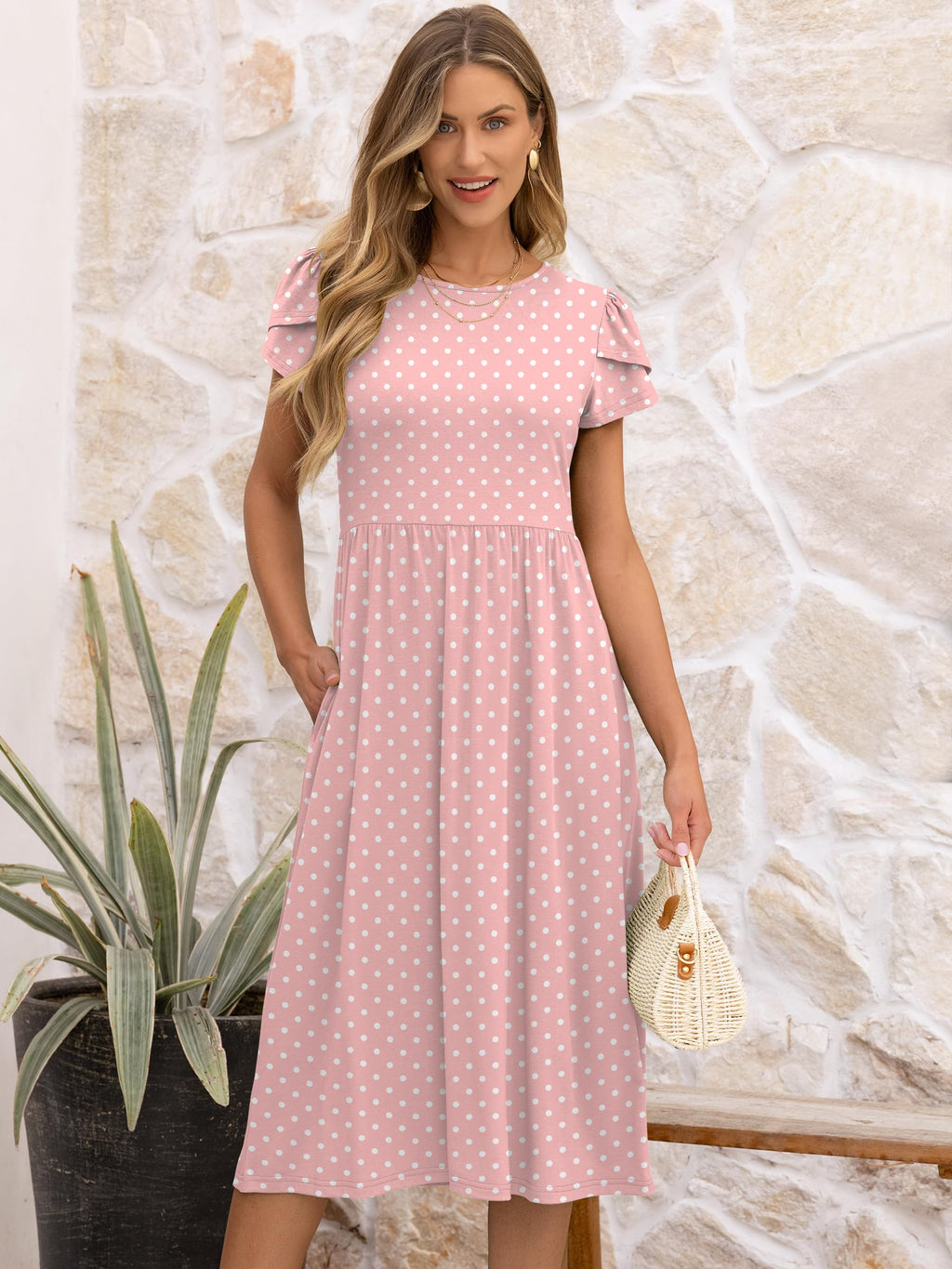 ANRABESS Women's Summer Short Sleeve A-Line Midi Dresses Casual Floral T-Shirt Dresses Flowy Beach Sundress with Pockets Pink Round Dot Large