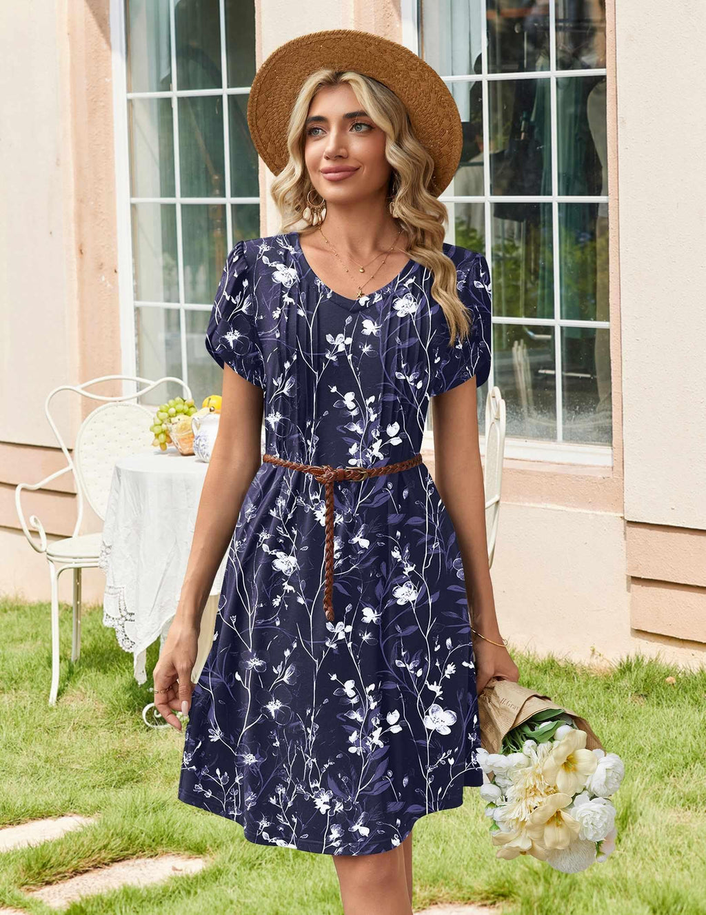 Zeagoo Summer Dresses for Women Flowy Spring Dresses 2026 Casual Floral Dress Pleated A Line Dress Boho Sundress, Navy Floral 03