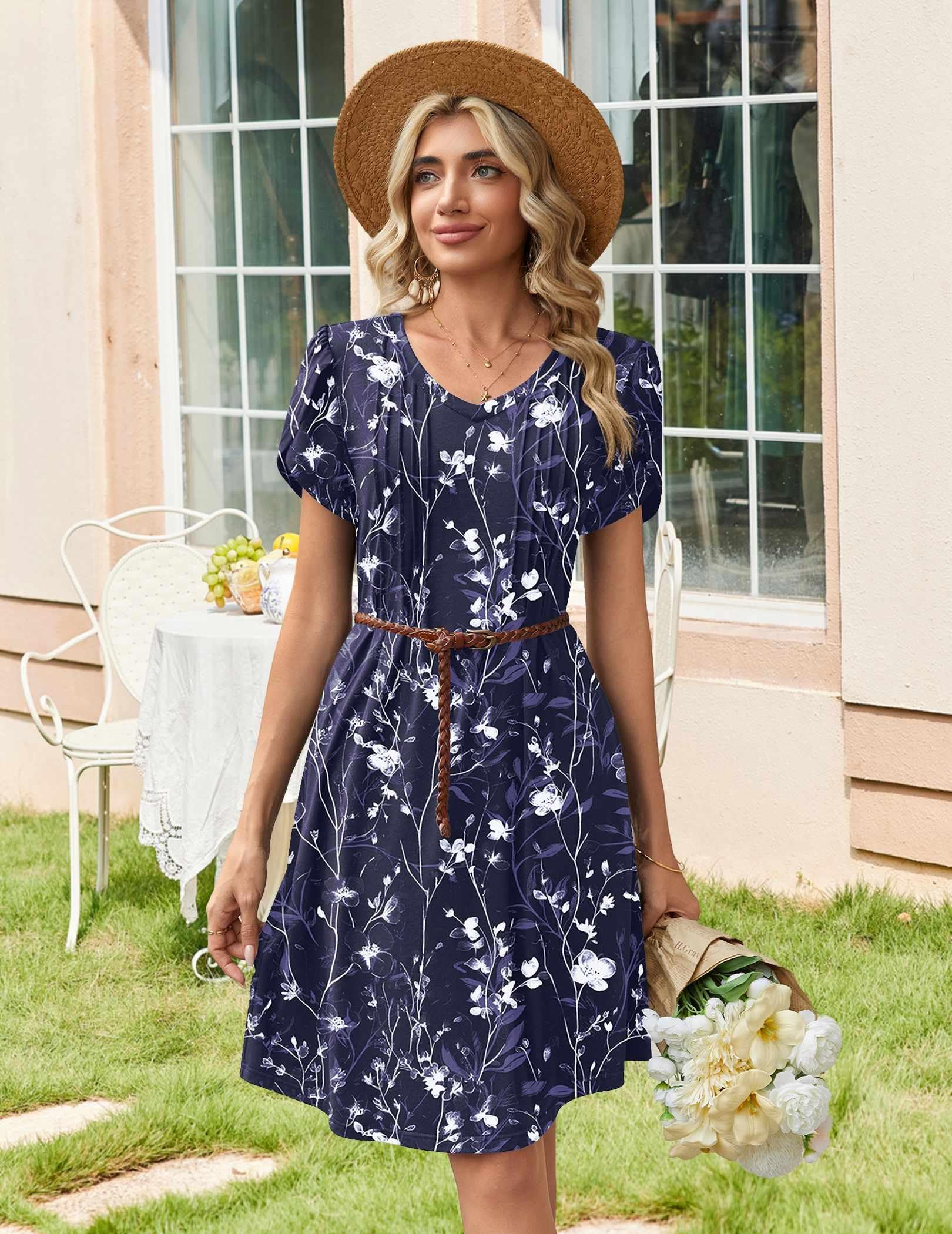 Zeagoo Summer Dresses for Women Flowy Spring Dresses 2026 Casual Floral Dress Pleated A Line Dress Boho Sundress, Navy Floral 03