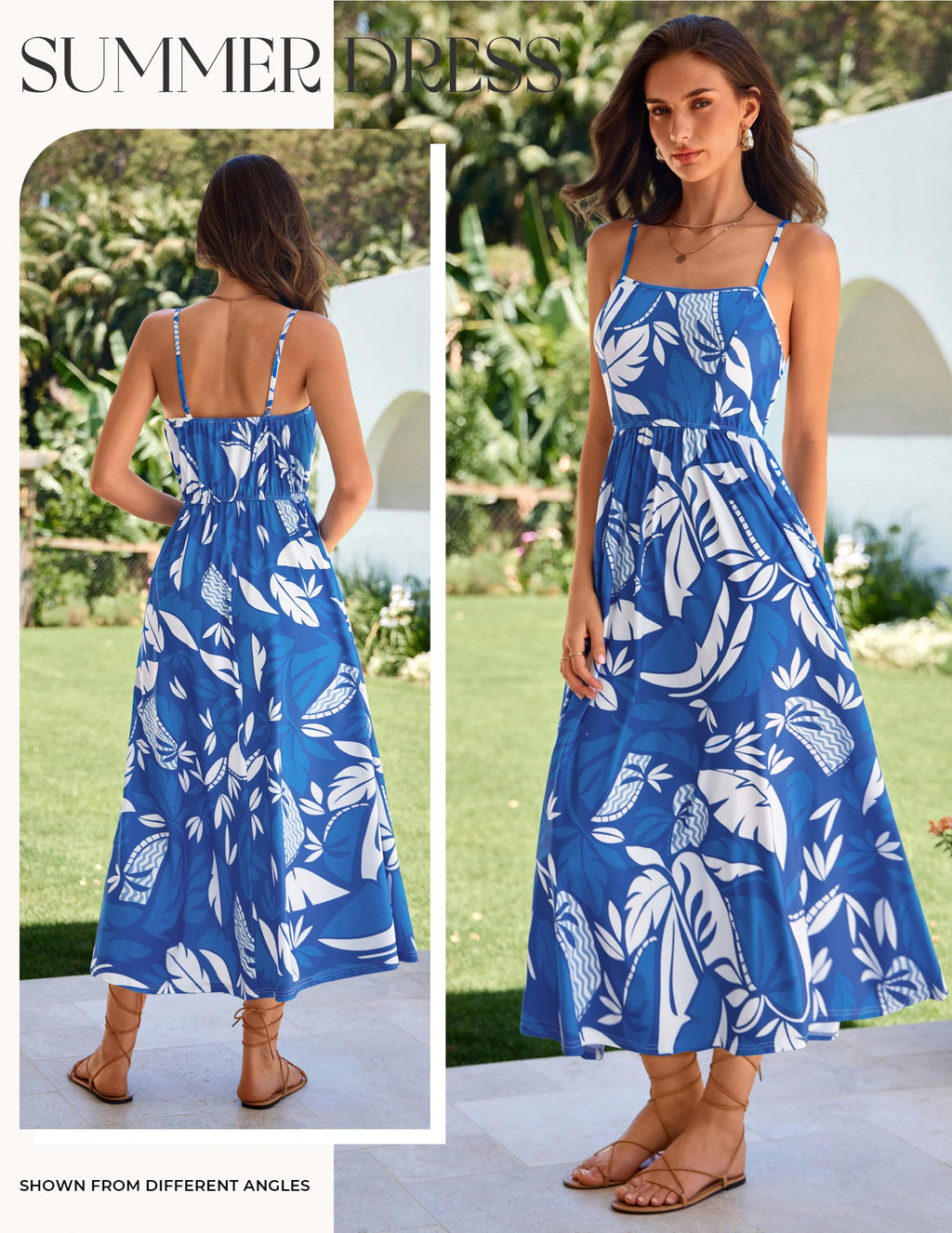 GRACE KARIN Summer Floral Maxi Sundresses for Women 2026 Spaghetti Strap Beach Boho Dress Casual Fashion Clothes with Pocket Blue White XL