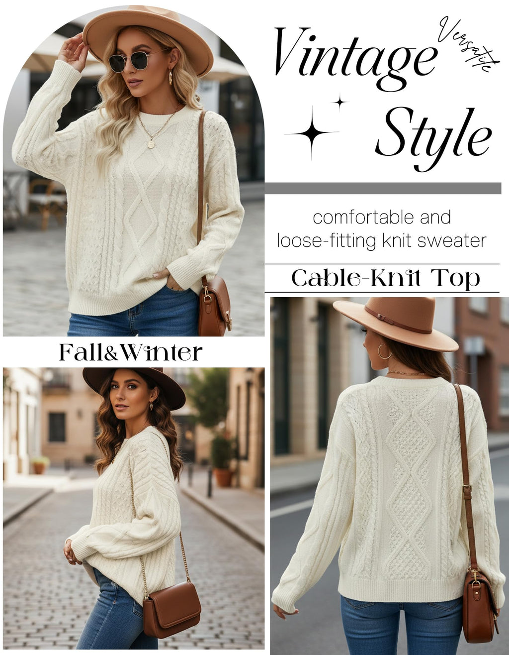 Simlakey Women Oversized Sweater Cable Knit Chunky Pullover Long Sleeve Crew Neck Outfit Winter Knitwear Loose Fit Casual Top(Apricot,M)