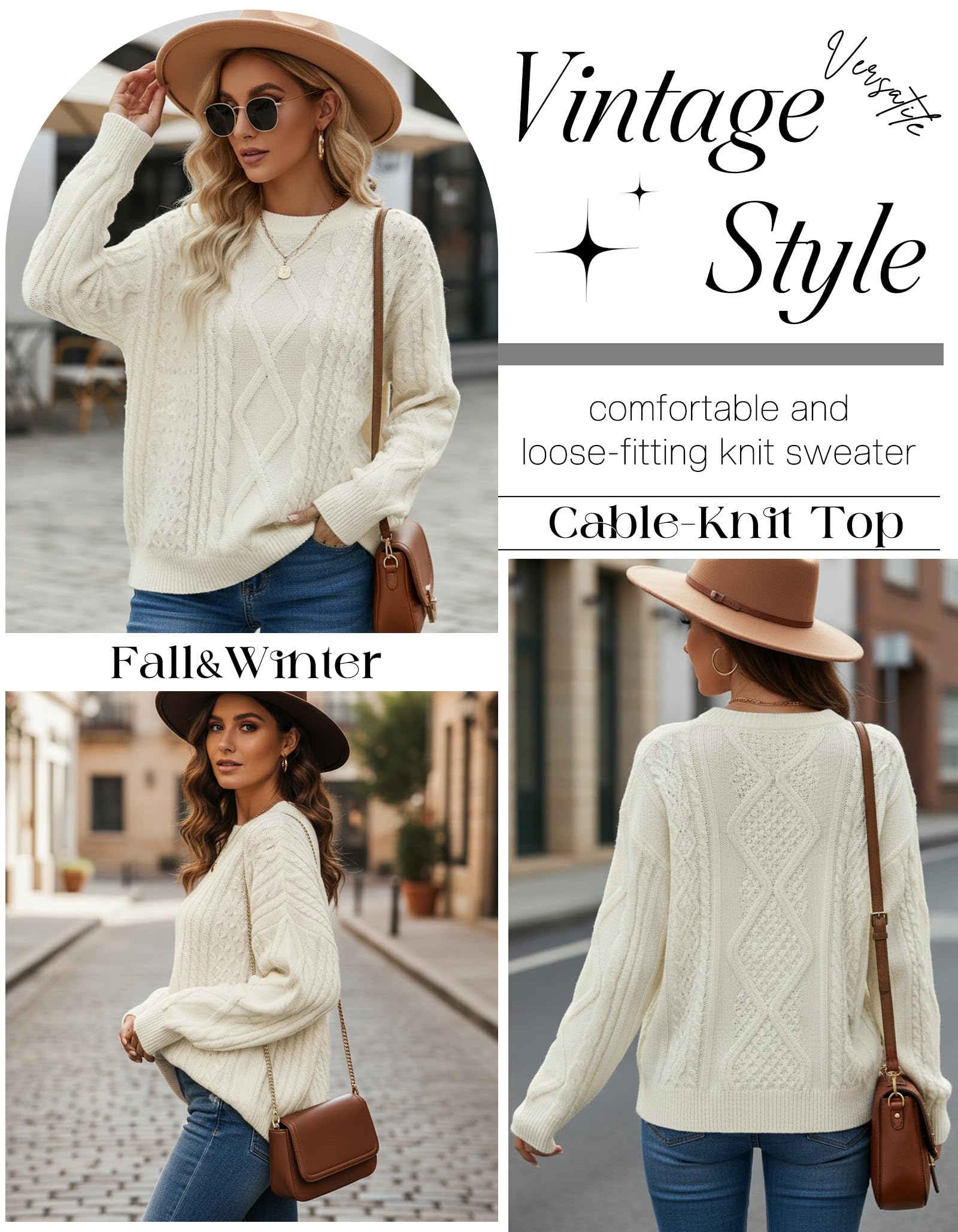 Simlakey Women Oversized Sweater Cable Knit Chunky Pullover Long Sleeve Crew Neck Outfit Winter Knitwear Loose Fit Casual Top(Apricot,M)