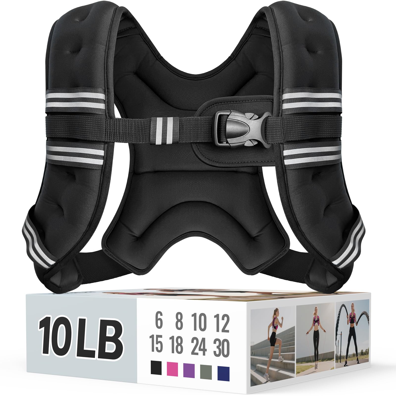 Zeerun Weighted Vest for Women & Men with Reflective Stripe and Adjustable Buckle, Comfortable & Durable Rucking Vest for Walking, Running & Strength Training, 10LBS-Black