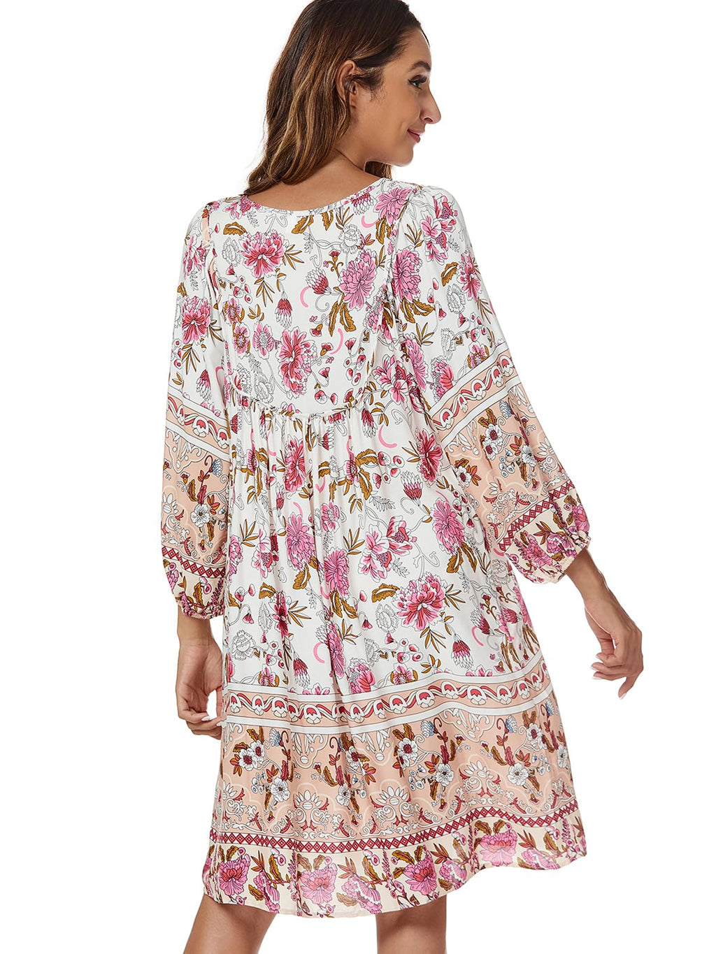 Qearal Summer Dresses for Women Casual Beach Vacation 3/4 Puffy Sleeve Boho Sun Dresses White XL