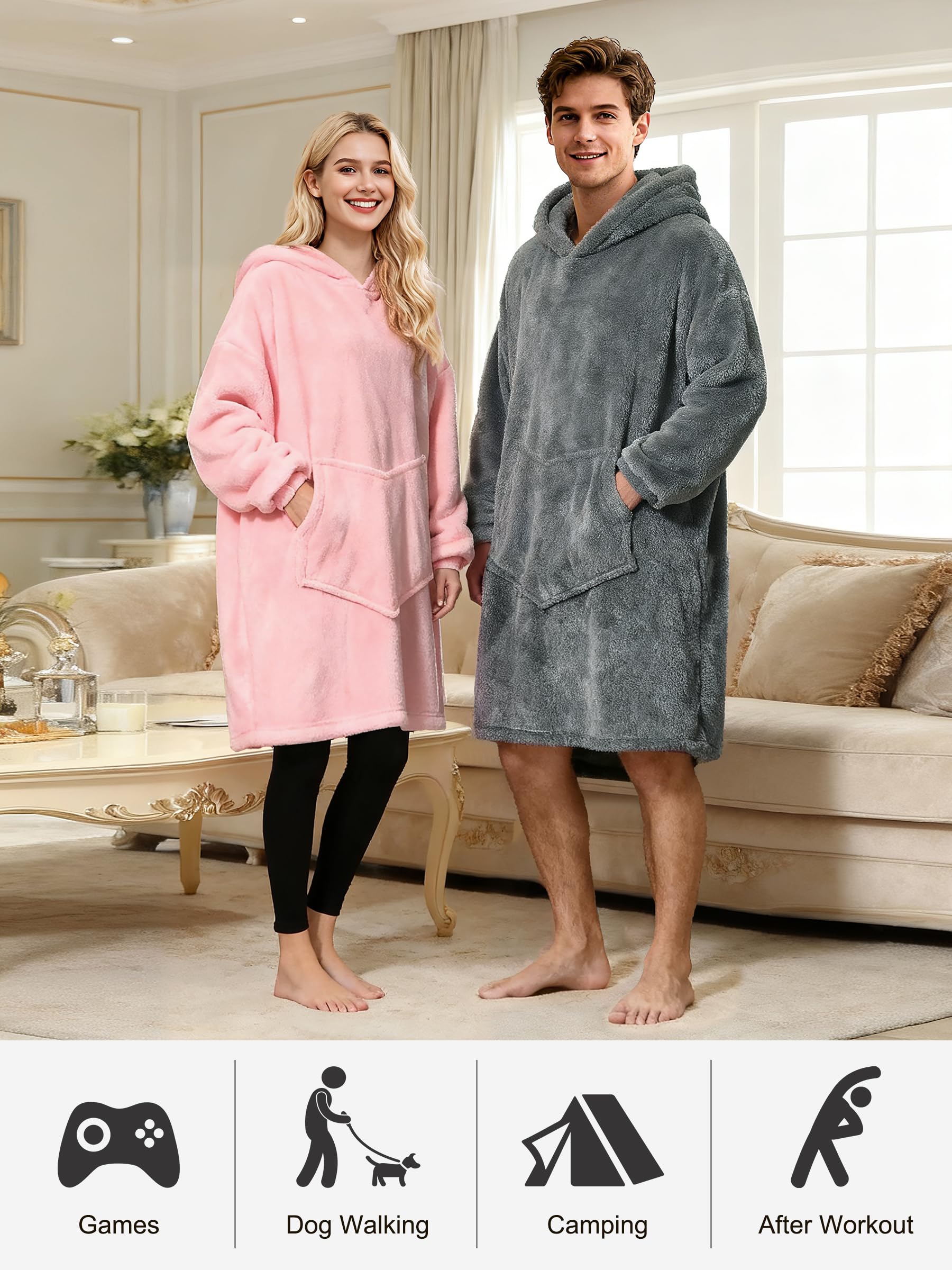 C hello cloud Oversized Hoodie Blanket, Wearable Blanket sweatshirt, Ultra Soft Sherpa Fleece Comfy Snuggle Hoodie, Gaint Fluffy Jumper Reversible, One Size Fits All Women Adults Men (Pink)