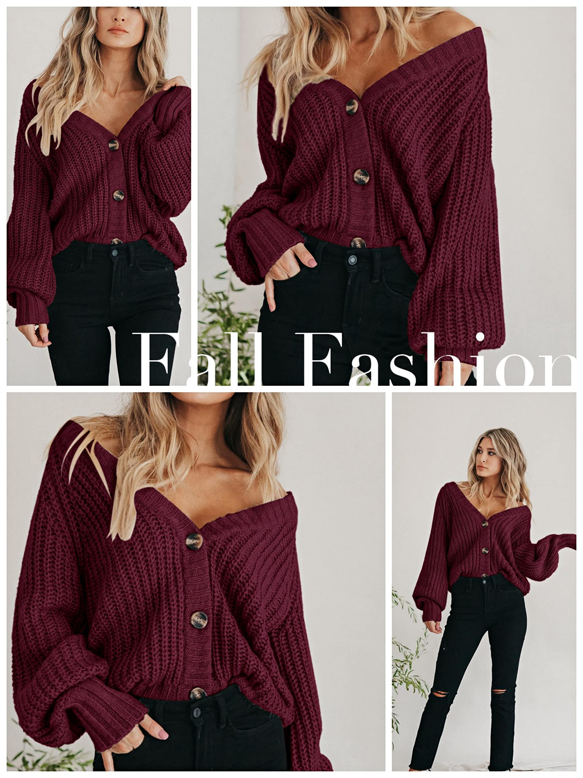 PRETTYGARDEN Women's Long Sleeve Plain Button Down Sweater Classic V-Neck Knit Cardigan Open Loose Outwear Coats (Wine Red,Small)