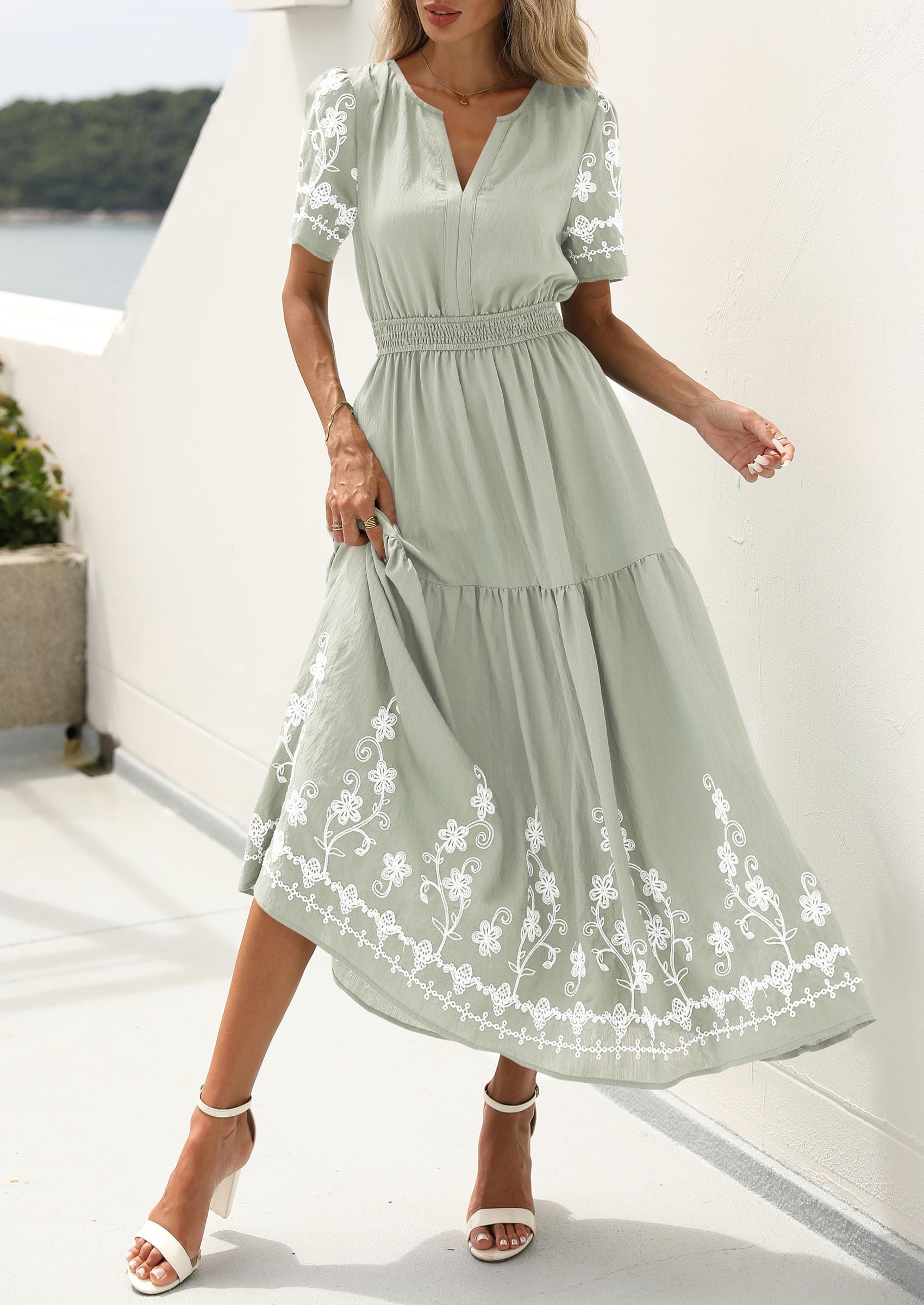 PRETTYGARDEN Women's Summer Boho Maxi Dress 2026 Spring Floral Short Sleeve V Neck A Line Flowy Beach Wedding Guest Dresses (Light Green,XX-Large)