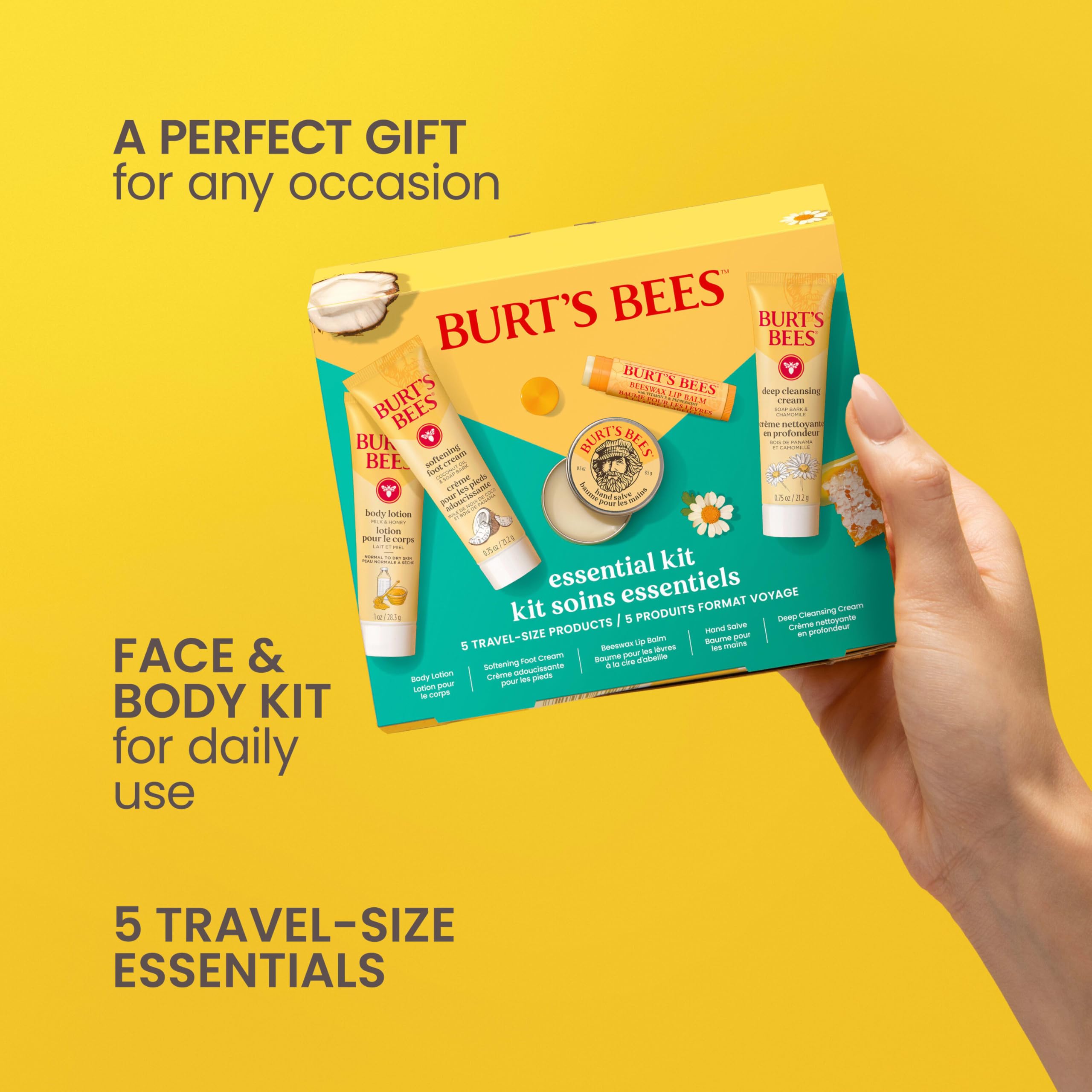 Burt's Bees Valentine's Day Gift Ideas - Essentials Everyday Set, 5 Travel Size Products - Deep Cleansing Cream, Hand Salve, Body Lotion, Foot Cream and Original Lip Balm