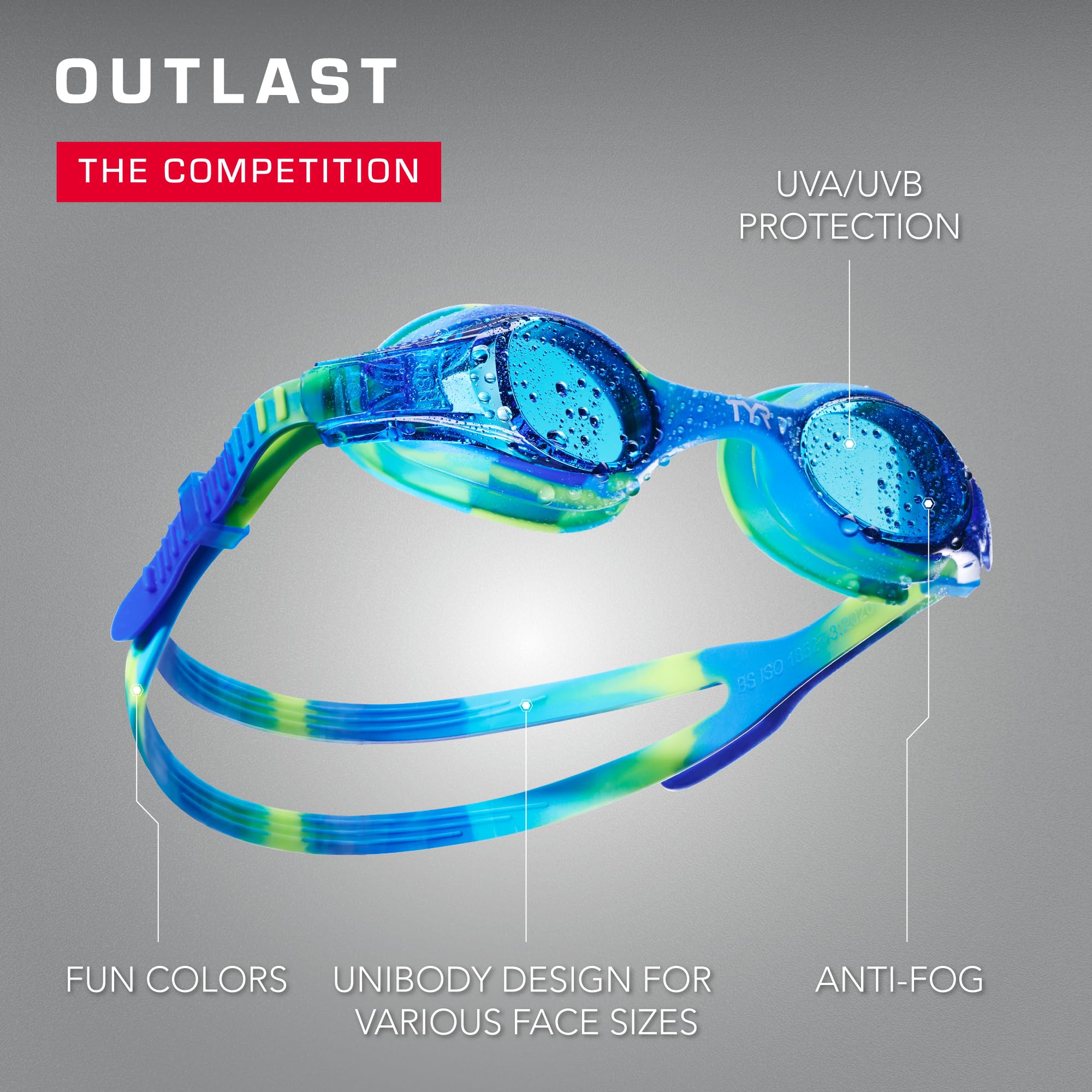 TYR Swimple Tie-Dye Kids' Swim Goggles - Non-Mirrored Swimming Goggles for Competitive Training and Recreation - Anti-Fog, UVA/UVB Protection, Watertight Seal - Blue/Green